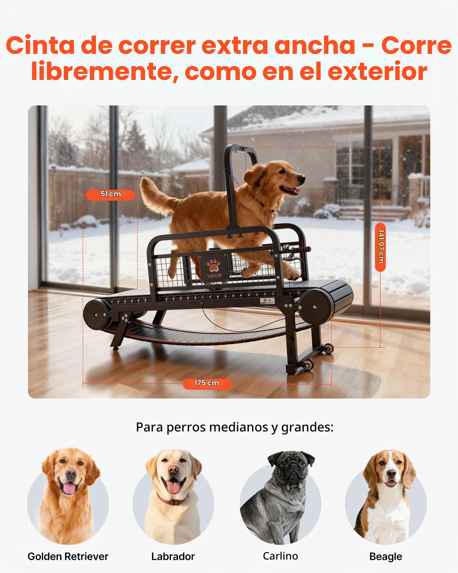 VEVOR Cinta de Correr para Perros Pequeños Medianos sin Motor 175 x 51 x 136 cm, Soporte 199,58 kg, Máquina de Ejercicio Interior Perros con Rampa Ajustable y Ruedas, Altura de Inclinación de 11 cm