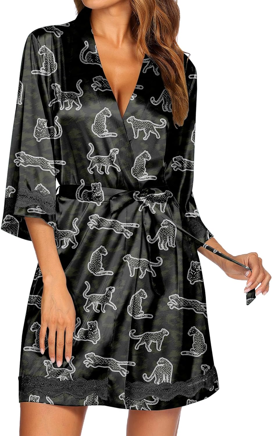 Ekouaer Women's Lace-Trim Silk Robes Bride Bridesmaid Kimono Satin Bathrobe V Neck Sleepwear with 3/4 Sleeve