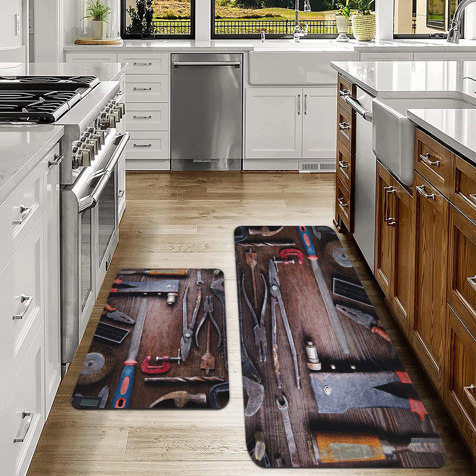 2 Piece Kitchen Mats Rug Set,Industrial Crafting Equipment with Obsolete Dusty Mechanic Tools of a Carpe,Kitchen Rug Non Slip Washable, Anti Fatigue Kitchen Carpet Machine Washable 40x60 cm+40x120 cm
