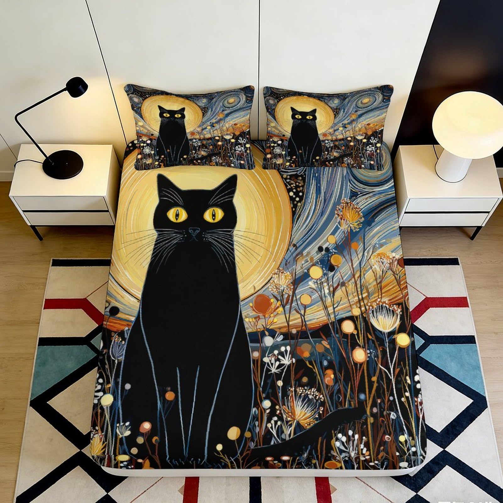 3D Printed Black Cat Moon Fitted Sheet Microfiber Soft Mattress Cover Starry Night Pattern for Bedroom Dorm Decor 90x200x25cm