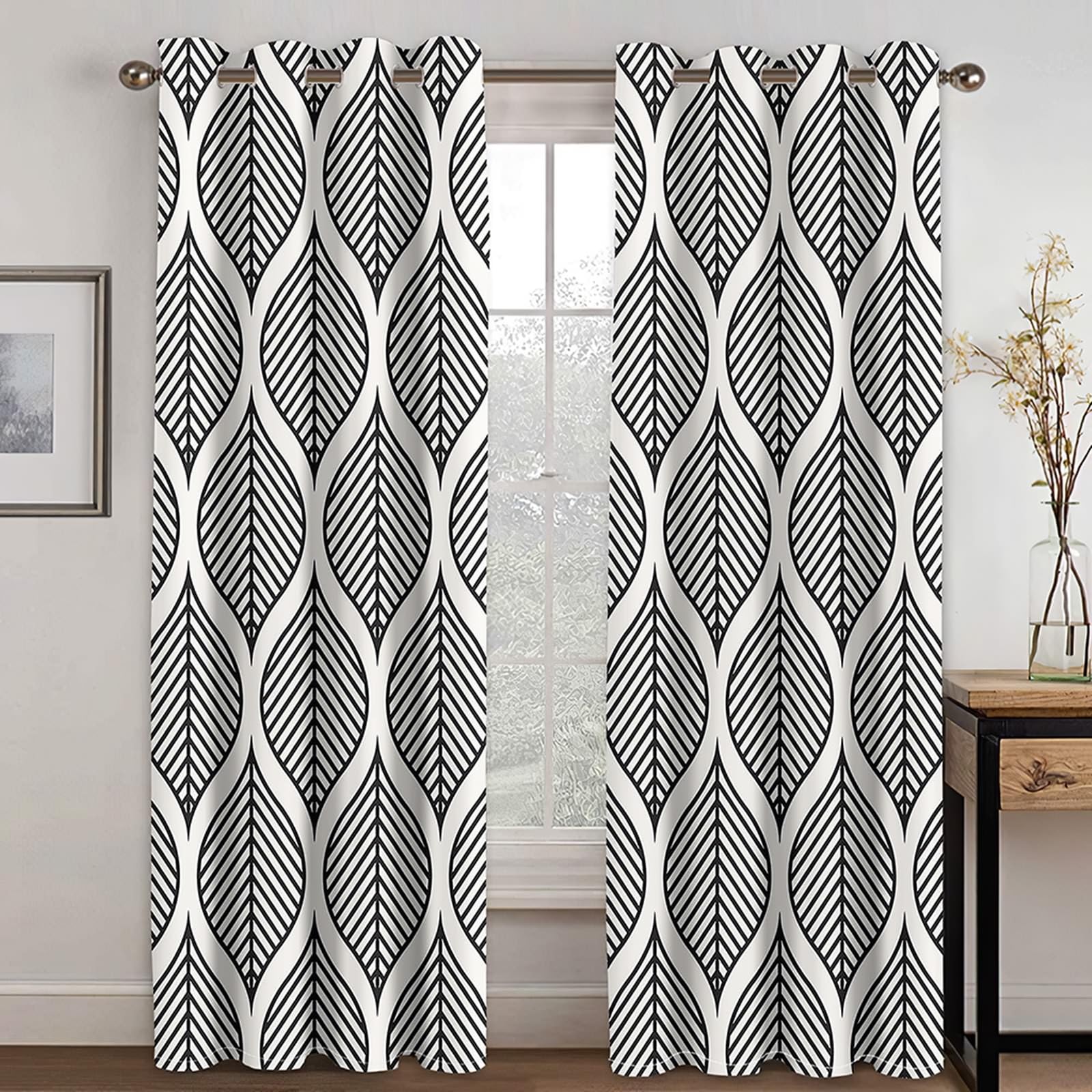 Rideaux Opaques 2 Pièces, Rideau Occultant Thermiques à Oeillets Motif de Feuilles Géométrique Simple Rideaux pour Decoration Chambre Salon Intérieurs, 152x183 CM(LxH), Noir Gris