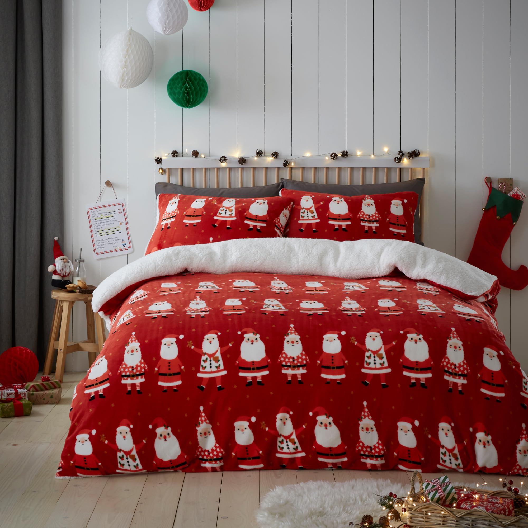 Bedlam Christmas Fleece Duvet Cover Double Bed Teddy Bear Reversible Xmas Bedding (200x200cm) – Santa Claus Design – 2 Pillowcases – Red Festive Bedding