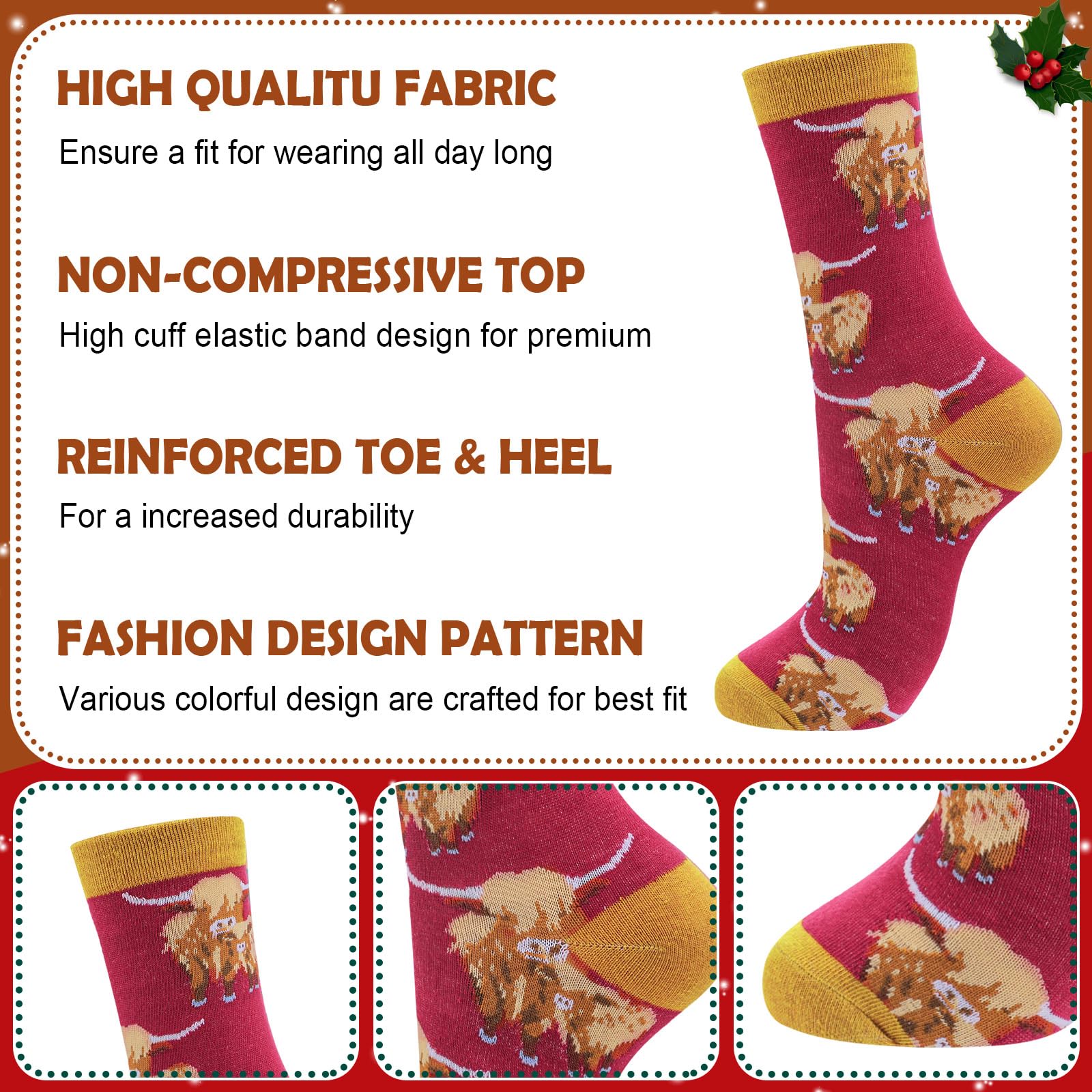 HooLing 12 pares de calcetines de vaca de las tierras altas, regalos de Navidad, coloridos y divertidos, calcetines de algodón para vacaciones, calcetines de vaca de las tierras altas para mujeres y