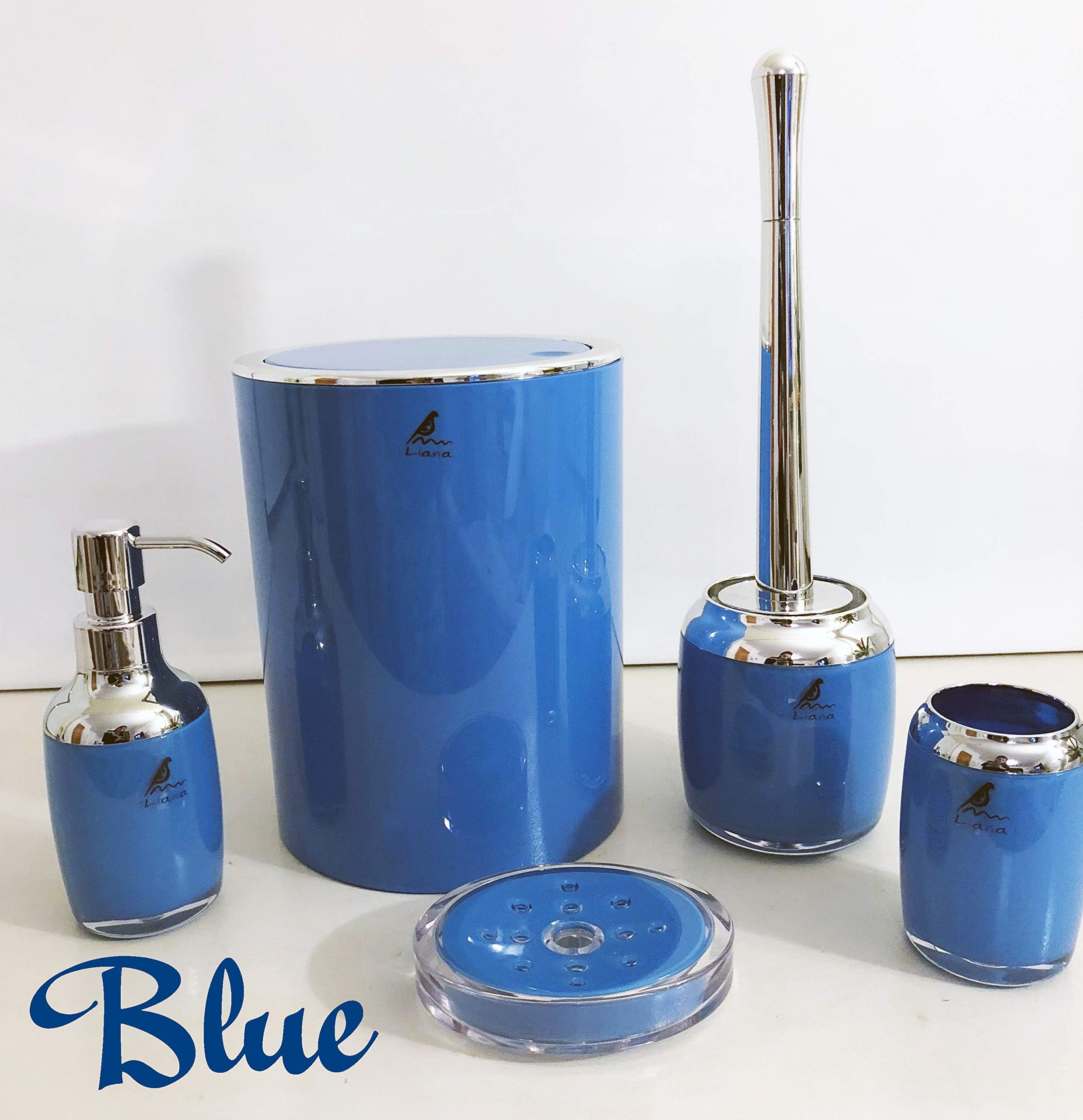 Liana 5-Piece ABS Bathroom accessories set,toothbrush Holder, Soap Dispenser, Soap Dish, Toilet Brush and Holder, Waste Bin (Blue)