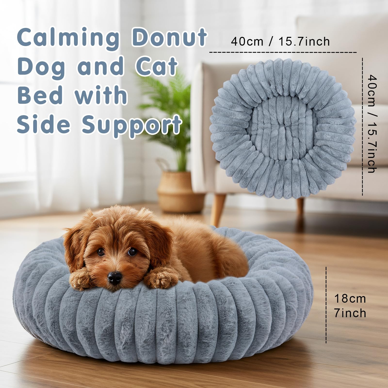 Qoosea Cuccia per Cani Morbida con Peluche Lungo, Lavabile Cuccia Cane Interno con Fondo Antiscivolo, Caldo Cuccetta per Cani e Gatti da Kennel, Addensamento Tappetino Letto Grigio 40cm