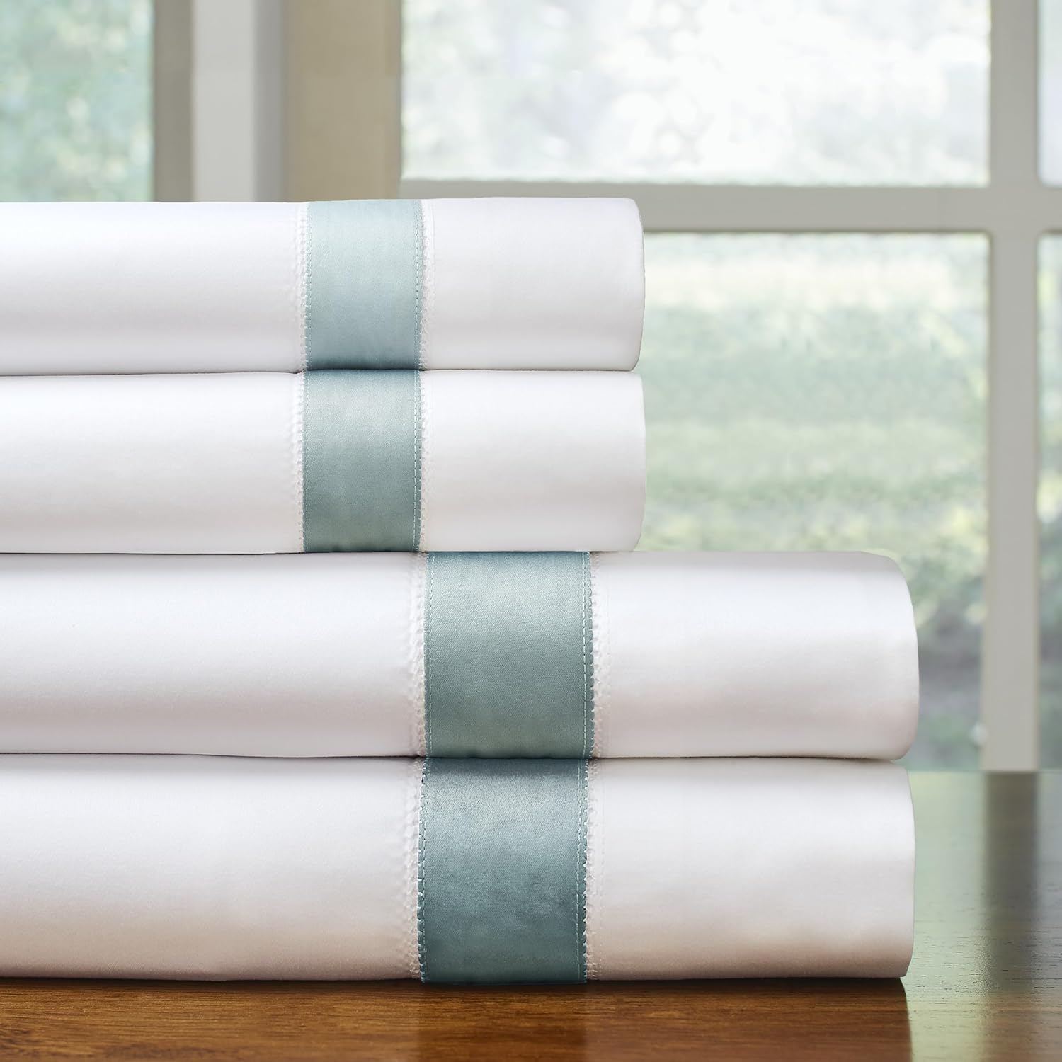 Pointehaven 525 Thread Count 100% Long Staple Cotton Oversized Soft Sateen Queen White Sheet Set with Sterling Blue Hem