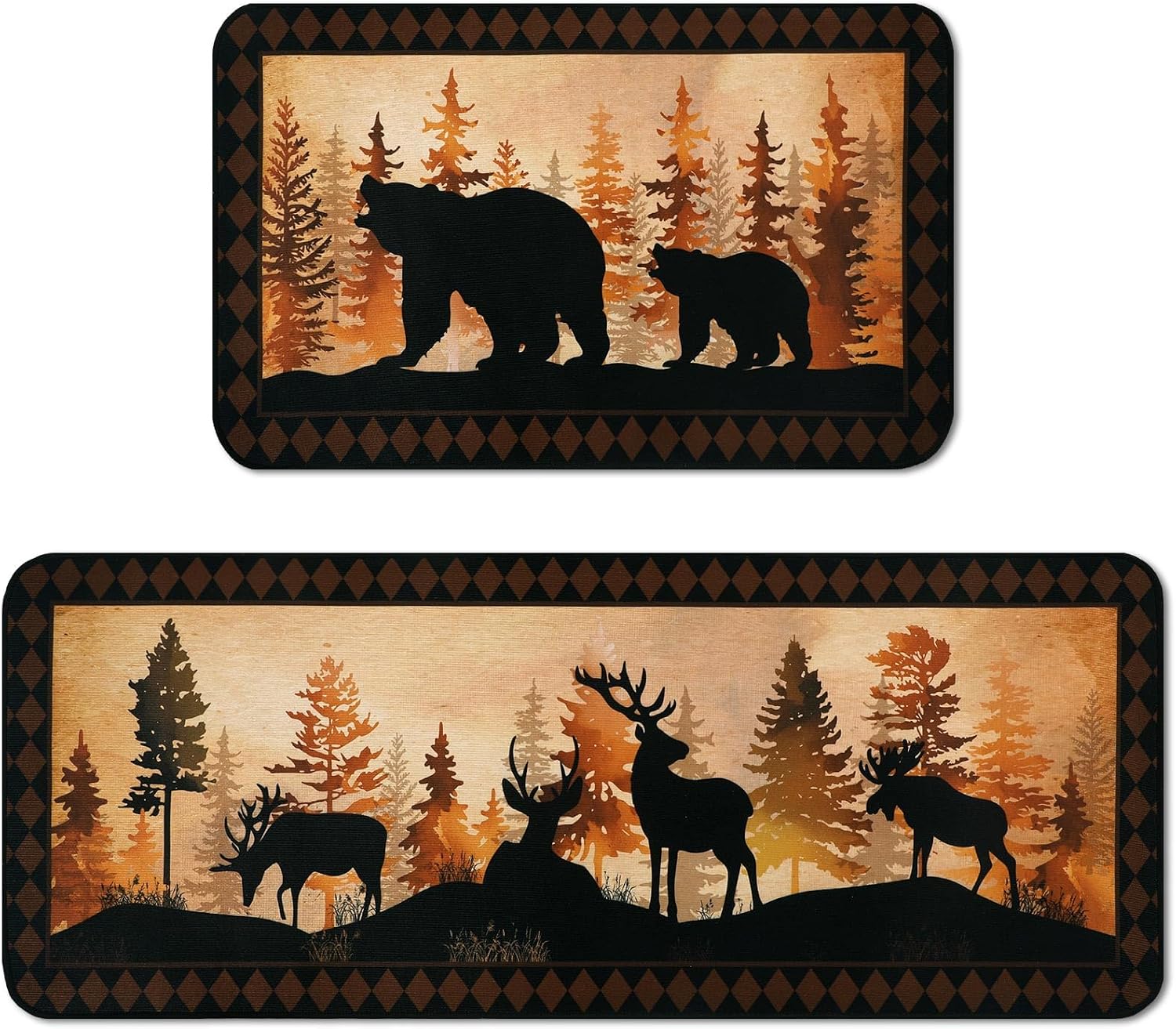 Bencailor Sets of 2 Bear Kitchen Rugs and Mats Non Slip Wildlife Rugs Brown Washable Deer Animal Door Mats for Cabin Home Floor Bathroom Decor Gifts, 29x17 and 47x17 Inch