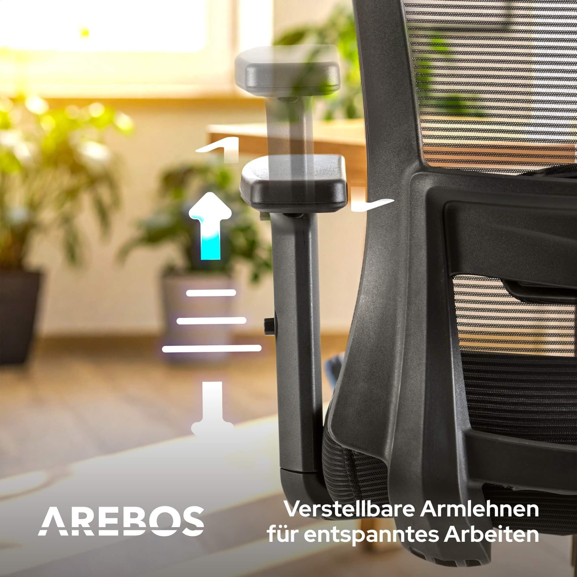 Arebos Bürostuhl Ergonomisch, Schreibtischstuhl mit Verstellbarer Kopfstütze, Armlehnen, Lendenwirbelstütze, Drehstuhl Wippfunktion, Chefsessel aus Mesh,Rückenschonend, Bürostuhl 136kg