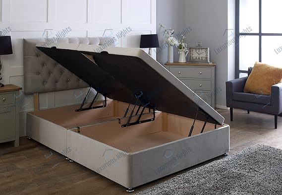 Side Lift Open Ottoman Plush Velvet Storage Bed (Beige, 2FT6 Small Single)