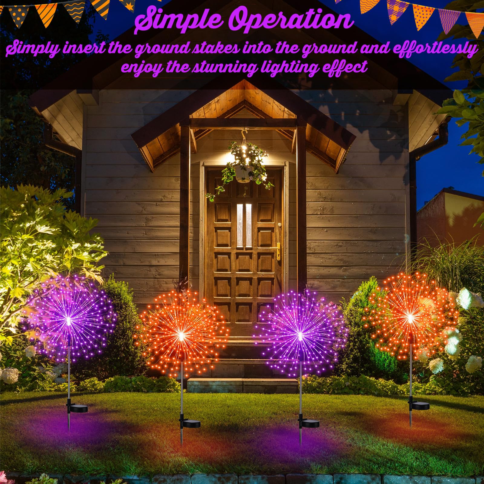 Tujoe Solar-Feuerwerk-Lichter, 180 LEDs, 8 Modi, wasserdicht, für den Außenbereich, Dekoration für Halloween, Weihnachten, Urlaub, Garten, Terrasse, Hof, Weg, Gehweg, Orange, Lila, 6 Stück