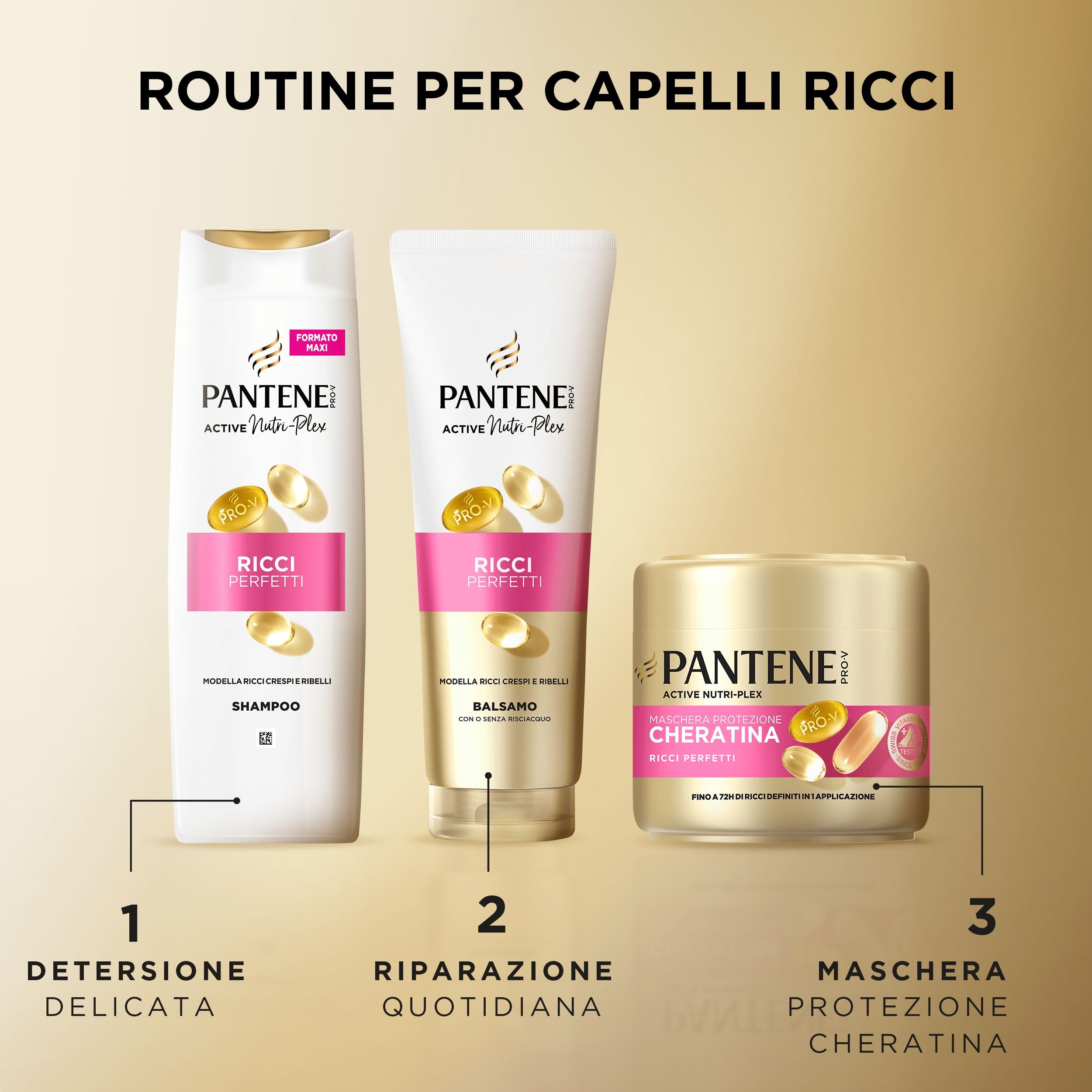 Pantene Pro-V Ricci Perfetti, Set Regalo Capelli Ricci: 1x Shampoo 250ml, 1x Balsamo 200ml, 1x Maschera Protezione Cheratina 300ml, 1x Crema Styling 235m