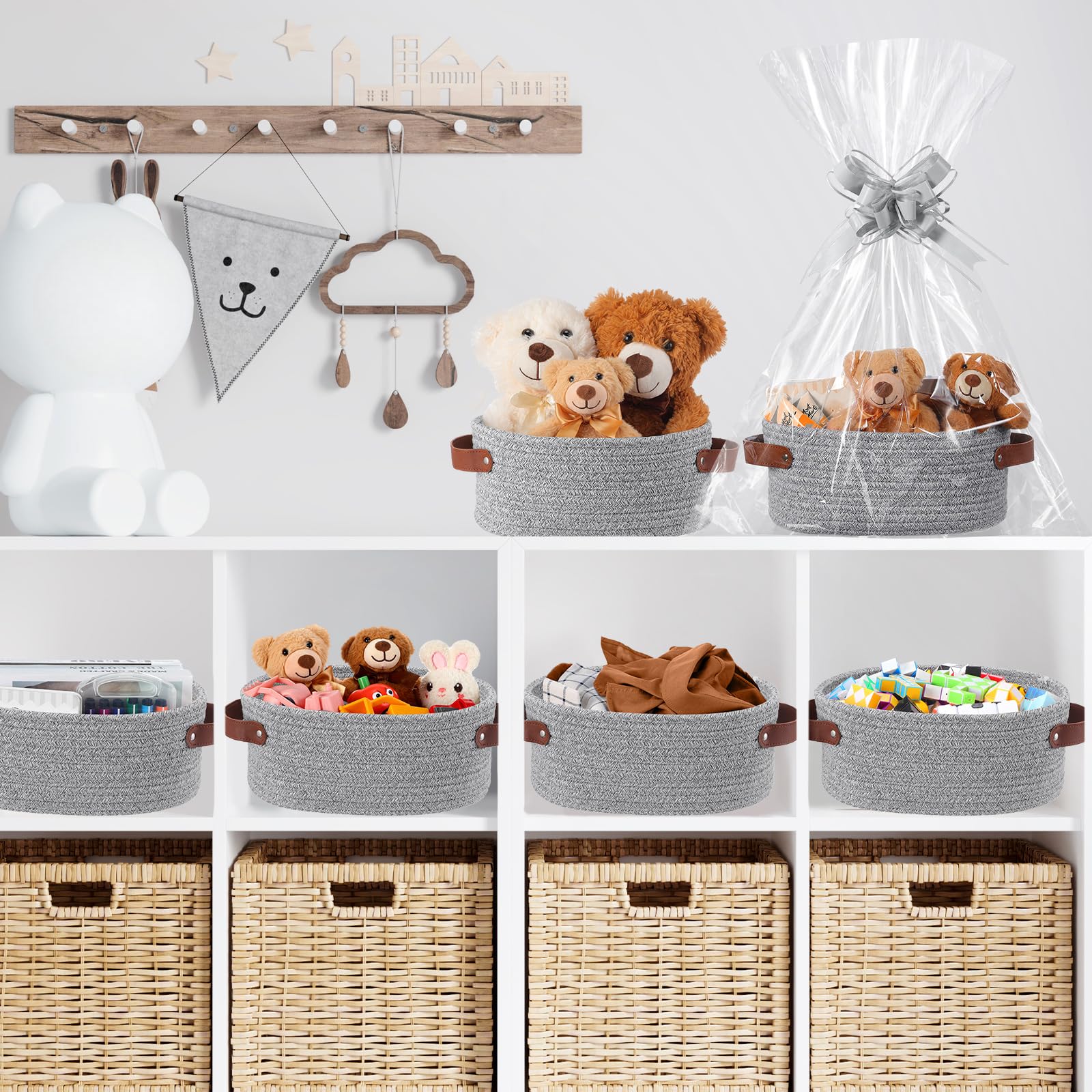 Colingmill Paquete de 2 cestas de regalo para el día de San Valentín con asas con bolsas de regalo, cintas, cestas tejidas, caja de regalo vacía para regalos, cestas de regalo, boda, Pascua (gris