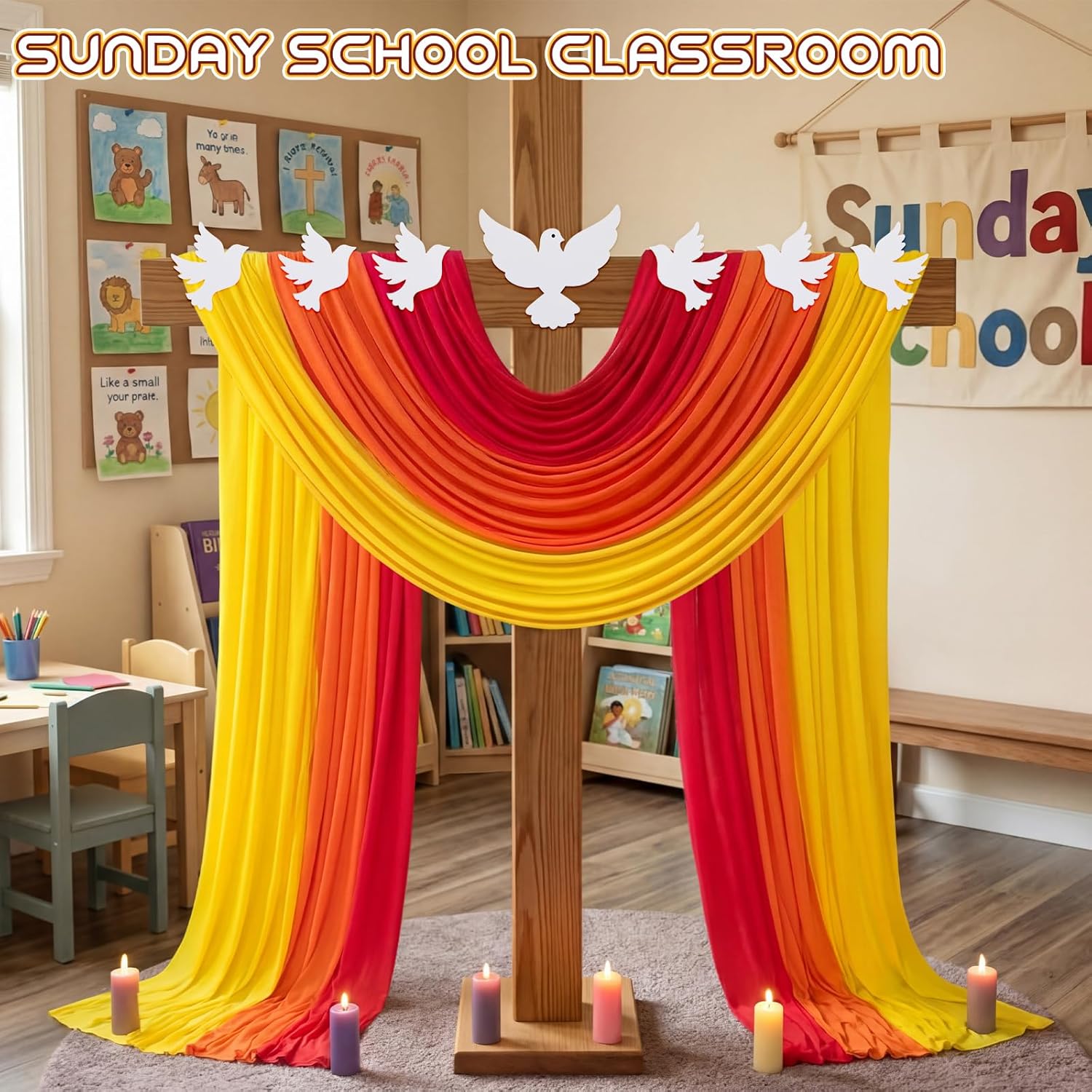 Tegeme 10 Pcs Pentecost Decorations Set Include 3pcs Long Red Series Ribbon and 7pcs Dove Pigeon Paper Cutouts Pentecost Background Religious Belief Christian for Religious Sunday Party Decor