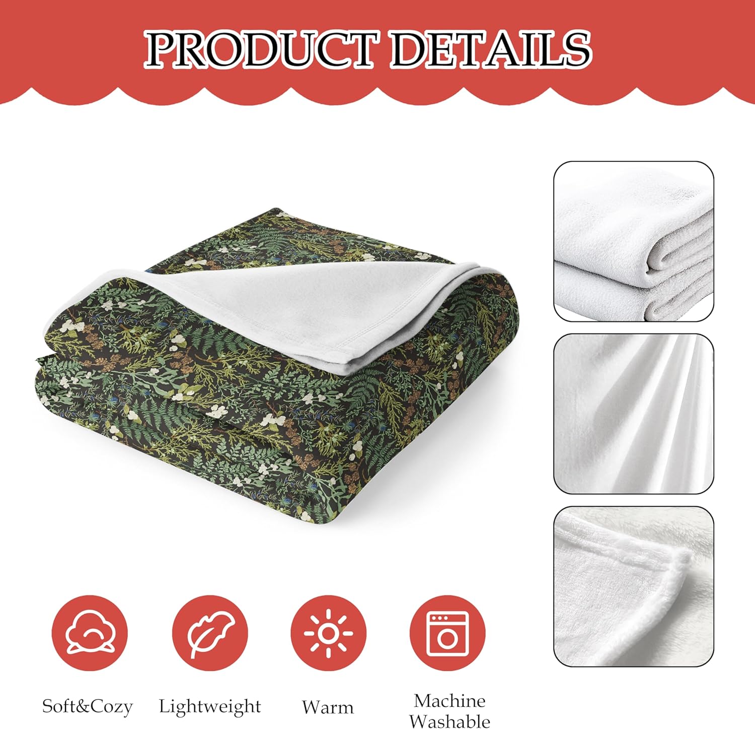 Plant Blanket, Dark Green Botanical Wildflower Plant Fern Leaves Decorative Throw Blanket for Couch Sofa Bed, Dark Green Throw Blanket for Living Room Bedroom Decor, 50x60 Inches - Image 3