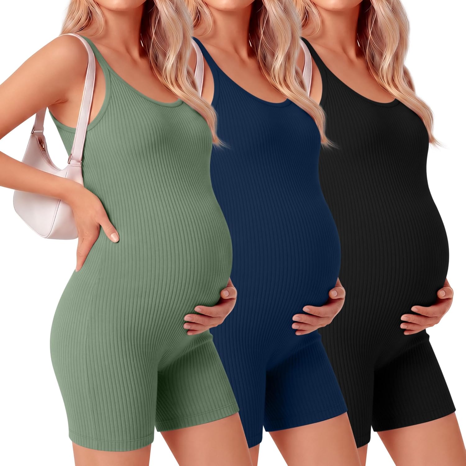 3 Pack Maternity Spaghetti Strap Cotton Jumpsuits Adjustable Cami Rompers Ribbed U Neck Pregnancy Tank Bodysuits