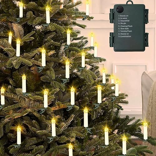 Tira de luces de vela de Navidad que funcionan con pilas, temporizador automático, sin llama, con clips, 30 luces LED de 20 pies para chimeneas de