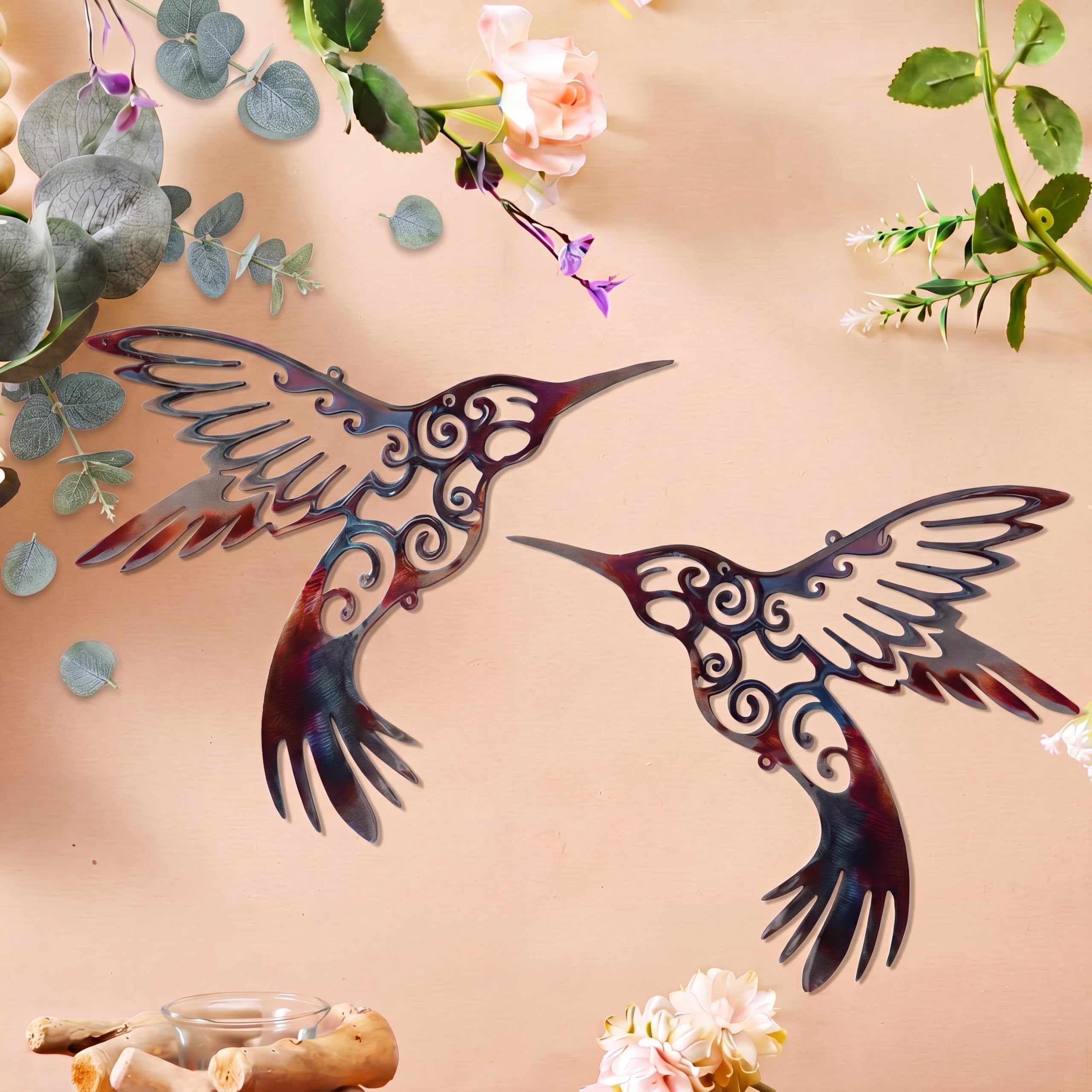 Photo 1 of ***MISSING 1 ****ElaraBerry 2 Pcs Metal Hummingbird Wall Art 12.6 Inch Metal Birds Wall Decor Garden Decoration Outdoor Statue Patio Fence Hanging Plaques for Garden Yard Living Room Bedroom Patio Balcony(Elegant)