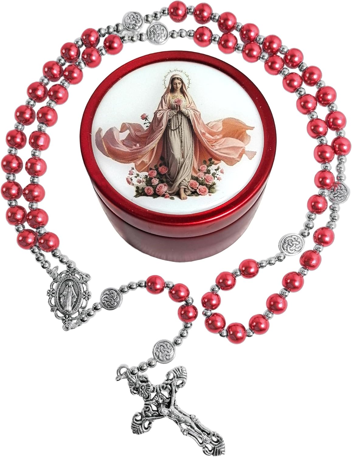 8mm Glass Pearl Rosary - Catholic Necklace for Men and Women Comes in a Metal Gift Box, First Communion Rosary Necklace as Gifts