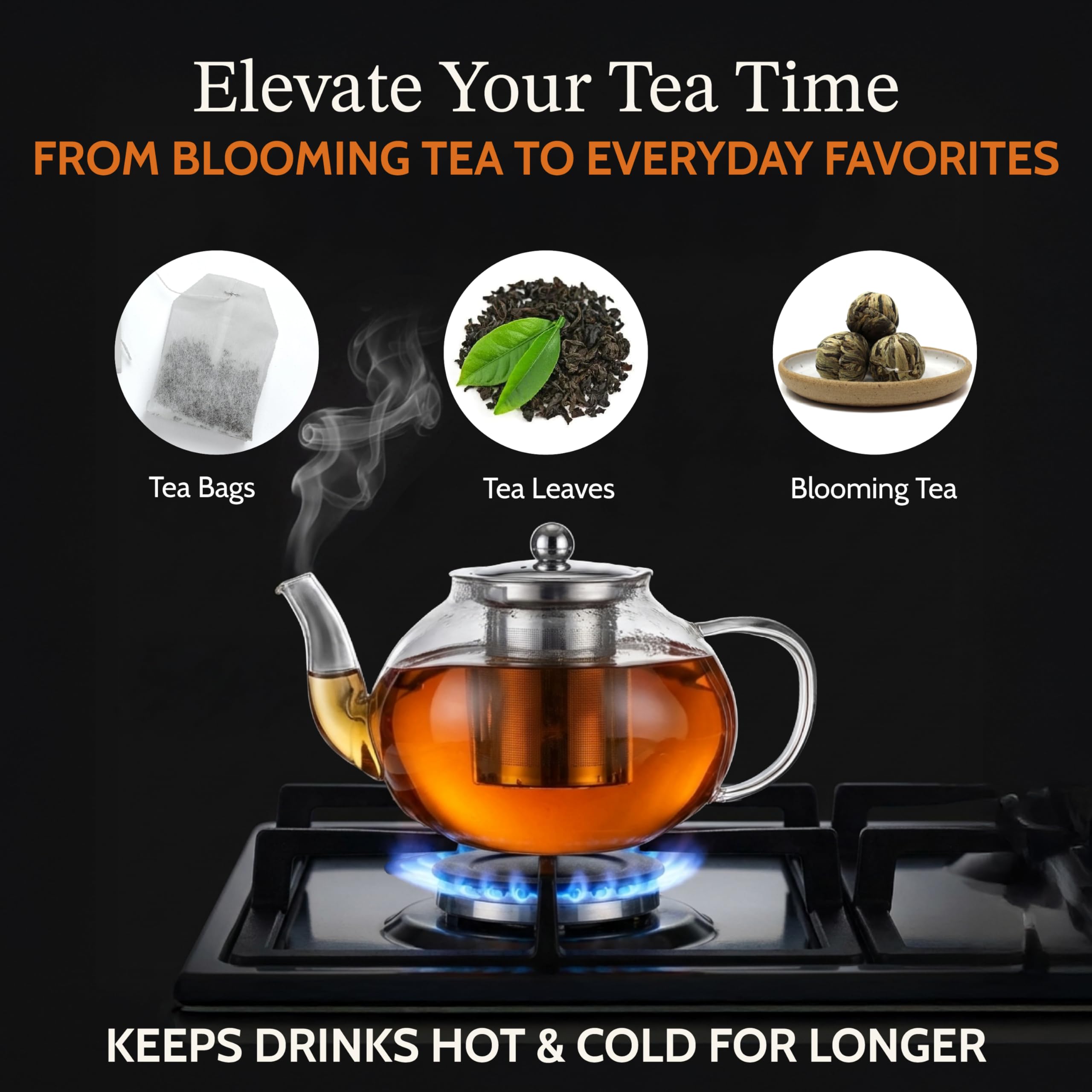Juego único de tetera de vidrio de 40 onzas con 4 tazas aisladas de doble pared, hervidores de té para estufa con infusores para té suelto, regalo perfecto para mamá