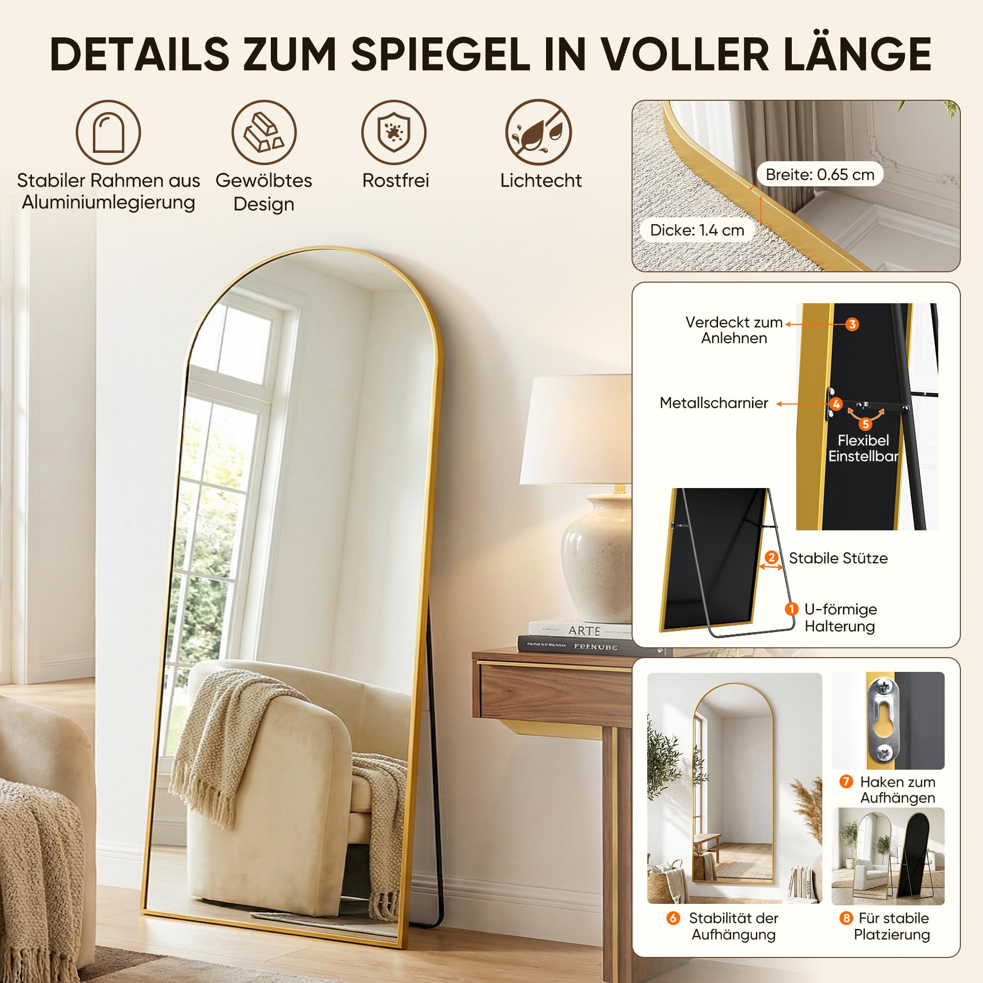 Antok Grand miroir pleine longueur, 183 x 112 cm, miroir sur pied bombé, verre incassable, miroir de sol, pour salon, dressing, montage mural, emballage sûr, doré