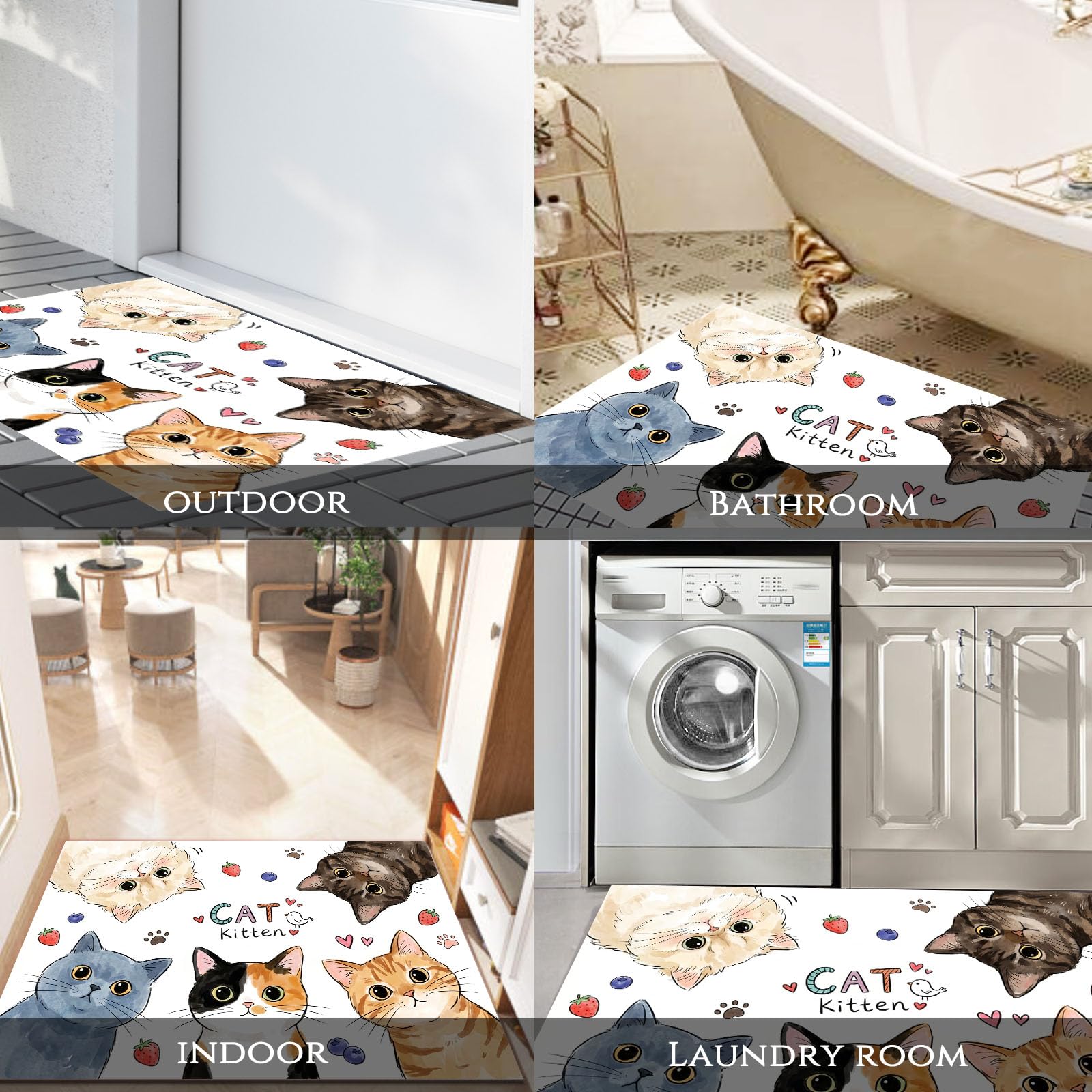Felpudo de Entrada 90x150cm, Alfombra Animales Acuarela Atrapapolvo Alfombra Gato Dibujos Animados Antideslizante Lavable, Alfombrilla con Microfibras Suaves Absorbentes para Puerta, Pasillo, Blanco