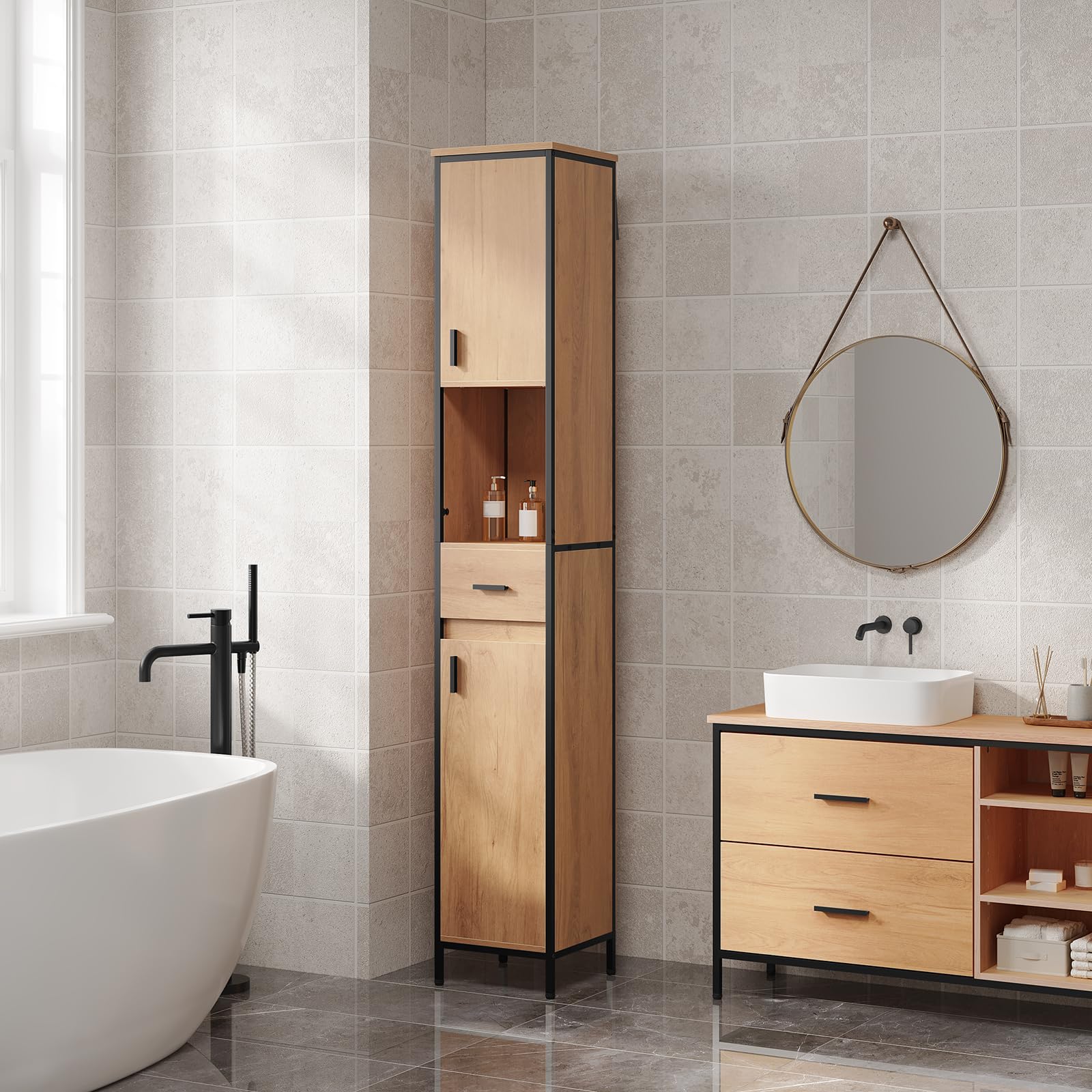EUGAD Colonne Salle de Bain, Meuble Salle de Bain Rangement, avec 1 Tiroir, 2 Placards à Porte, 1 Casier Ouvert, Étagères Réglables, 30x30x180cm, Chêne Clair+Noir