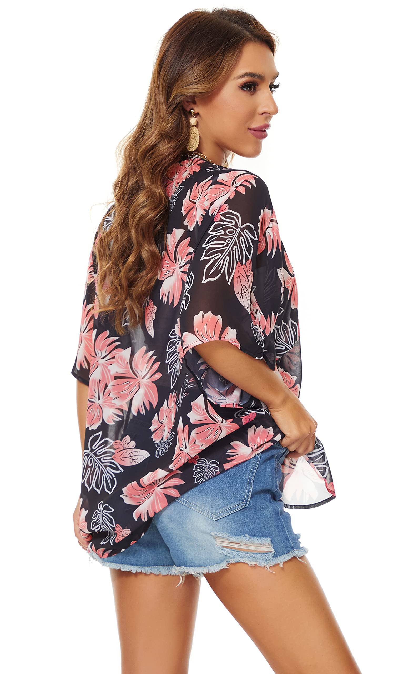 Damskie kimono, plażowe, szyfon, kardigan, kwiaty, topy, luźne peleryny, czarno/różowy, XXL