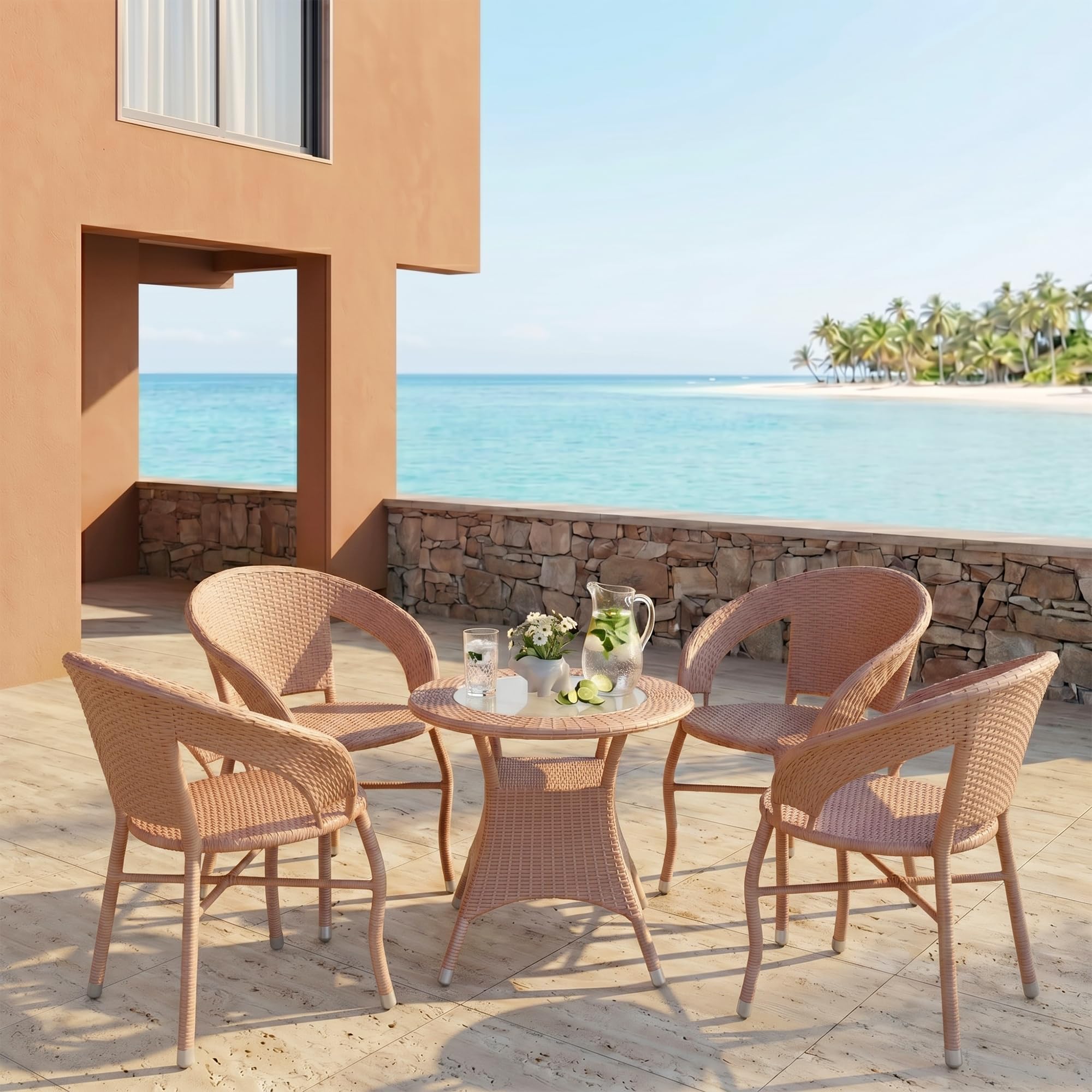 OUTLIVING 5-Piece Outdoor Rattan Wicker Patio Coffee Table Set with Red Cushion | Garden Furniture for Balcony, Terrace, Porch & Poolside | Waterproof Bistro Sets for Home & Backyard (Light Brown)