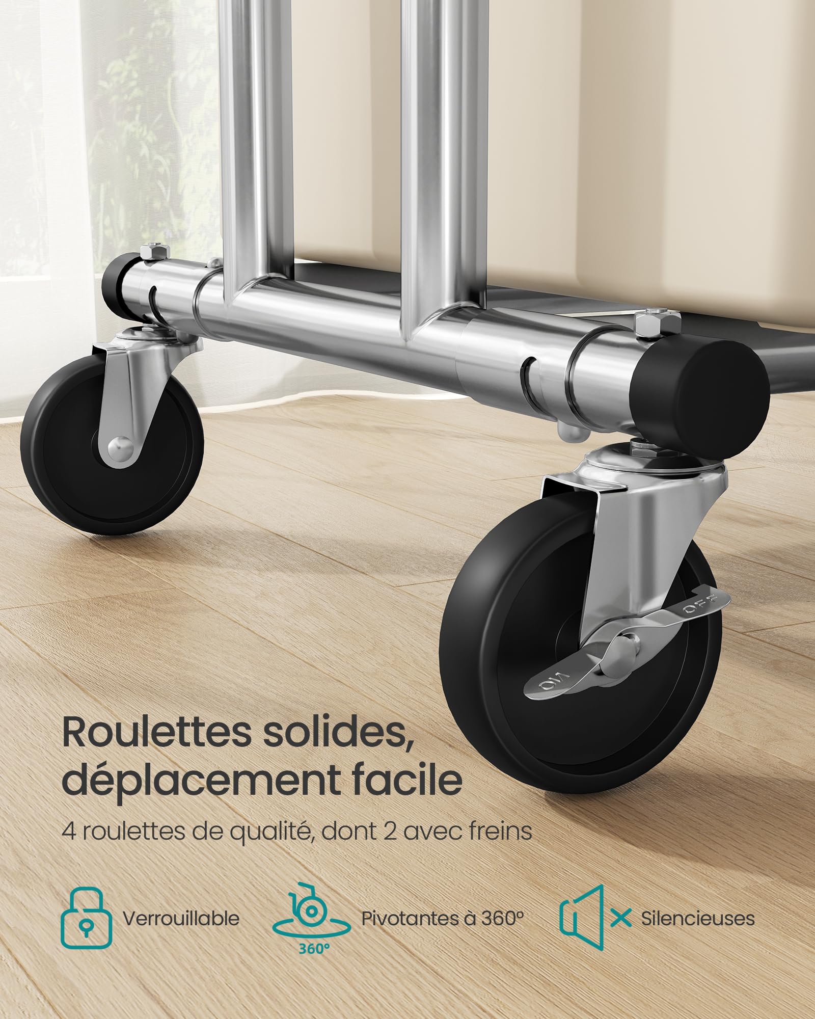 SONGMICS Portant à vêtements, Penderie métallique, Charge Max,110 kg, Double Barres Extensibles, Hauteur réglable, Mobile, avec roulettes, Mètal chromé HSR12S