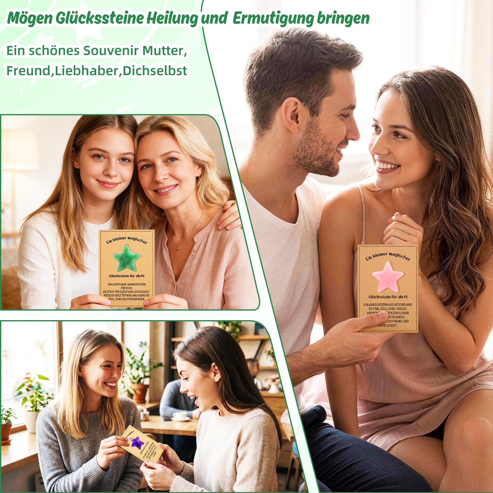 TUZELIYA Wunschstern Glückssteine Set, Wunscherfüller Geschenk mit liebevoller Botschaftskarte im Organzasäckchen, Glücksbringer und Mutmacher Geschenk für Liebhaber, Mama, Freundin, Kollegin - 5