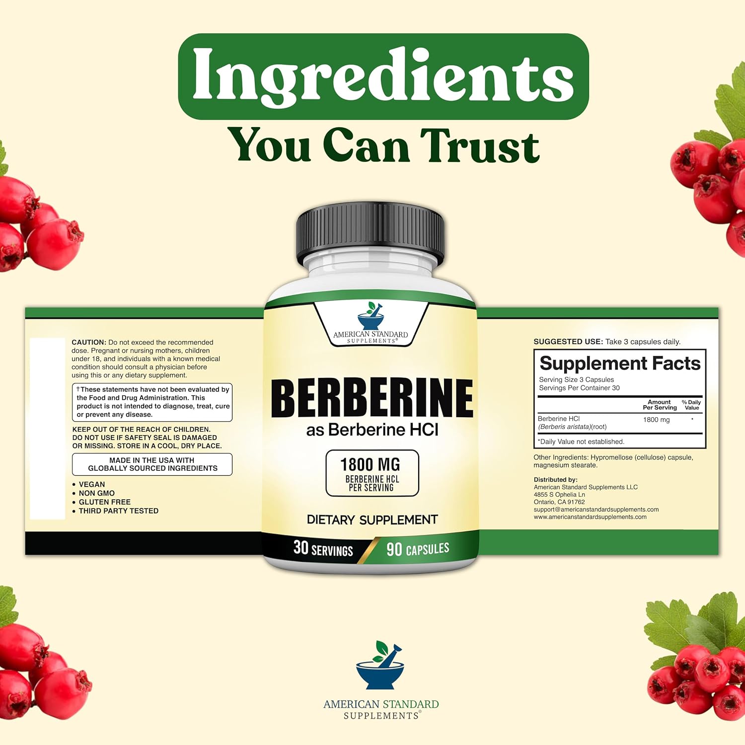 American Standard Supplements Berberine Capsules 1800mg Per Serving, 90 Veggie Capsules