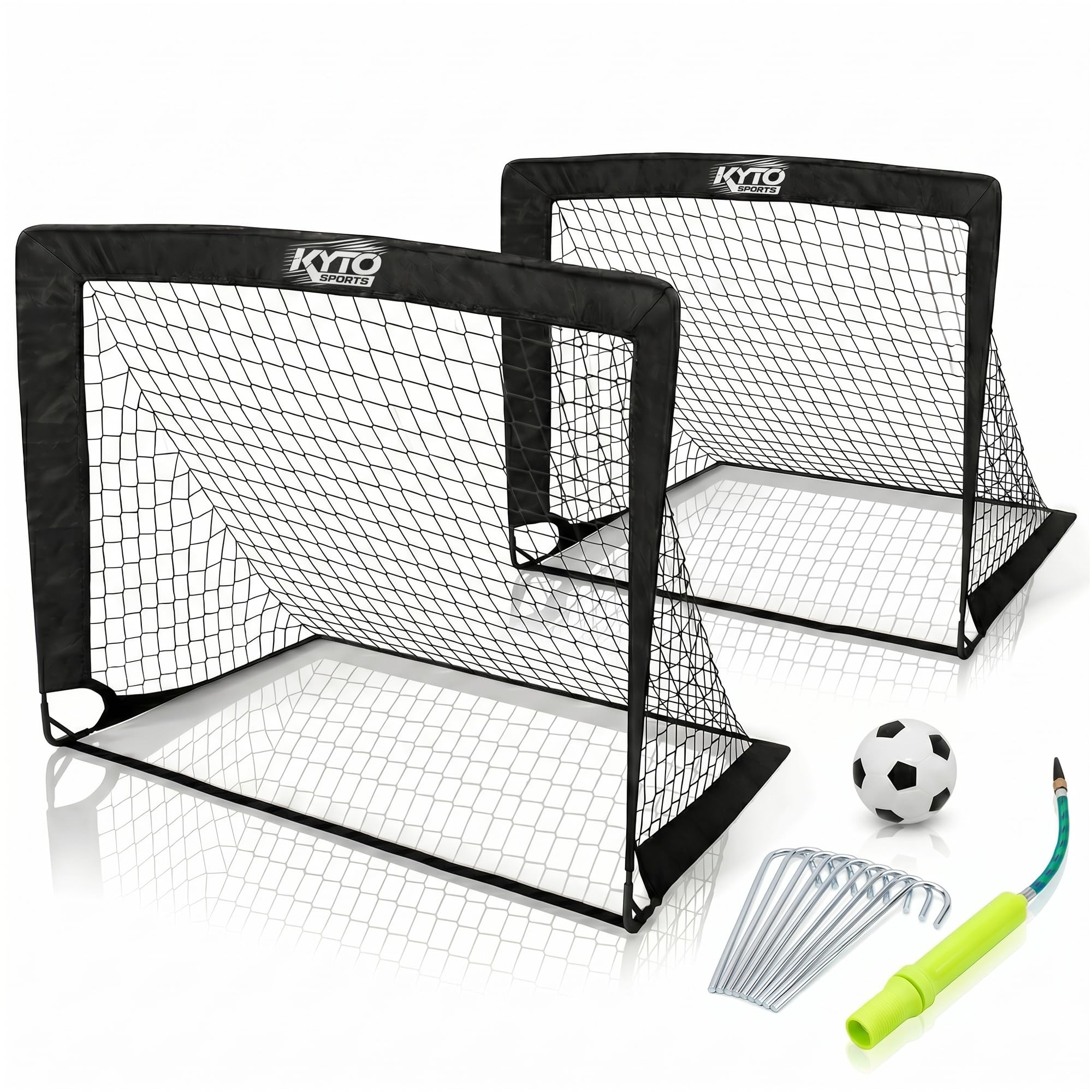 KYTO Fußball Trainingsset für Kinder, 2 Tore, 50 Markierungshütchen, 6 Leibchen in Größe M, Mini Ball, Pumpe, Tasche, Erdanker, Fußball Zubehör für Garten, Park und Training
