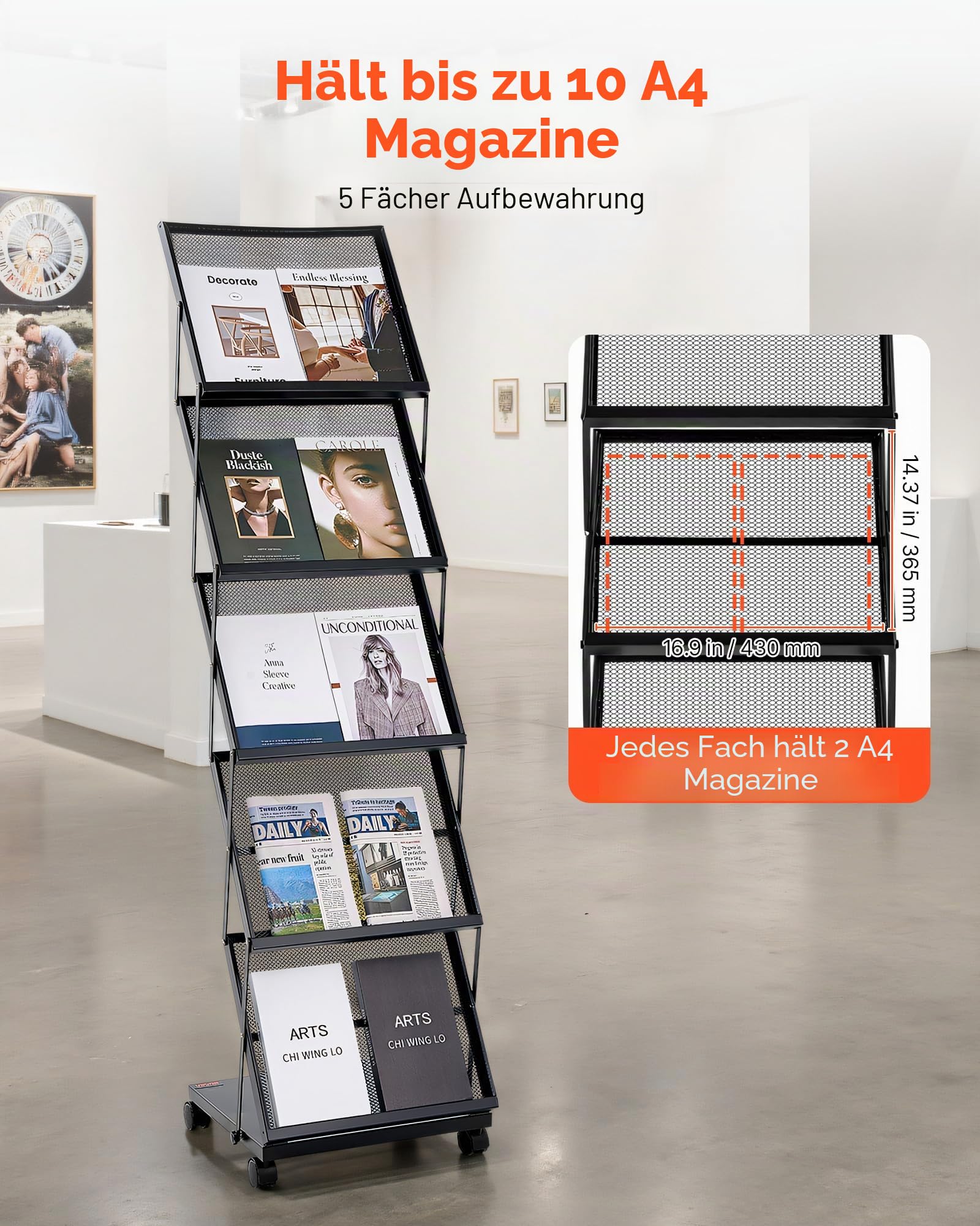 VEVOR faltbarer Prospektständer Zeitschriftenständer mit 5 Taschen, rollbarer Literaturständer Kataloghalter Schrägsteller, Buchständer Bodenaufsteller für Messe, Büroshows, Ausstellung