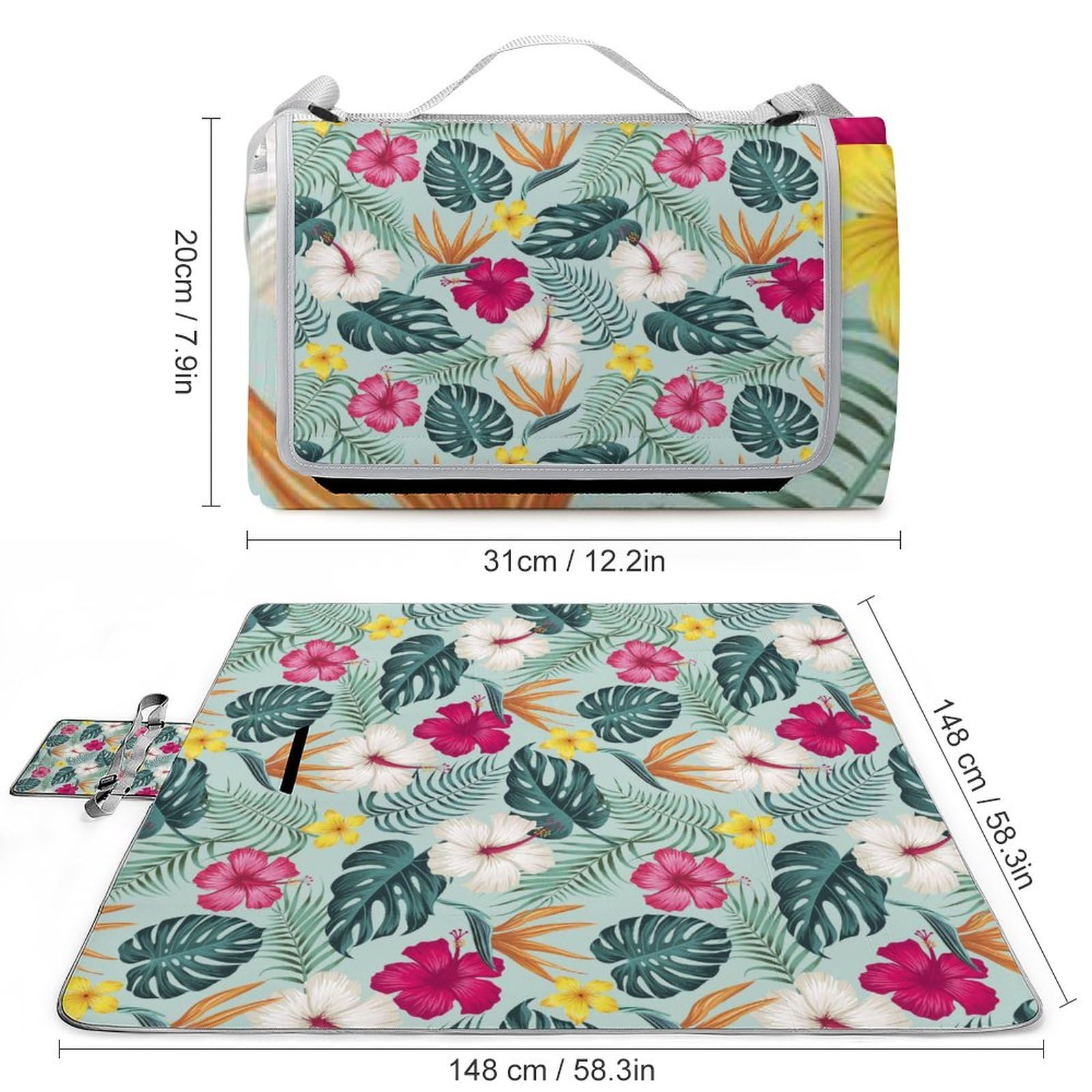 Tropical Leaves-Pattern Picnic Blanket Waterproof Foldable, Large Outdoor Picnic Blanket Beach Blankets Camping Blanket Travel Mat, Shoulder Strap Tote, Rectangle 58x58in