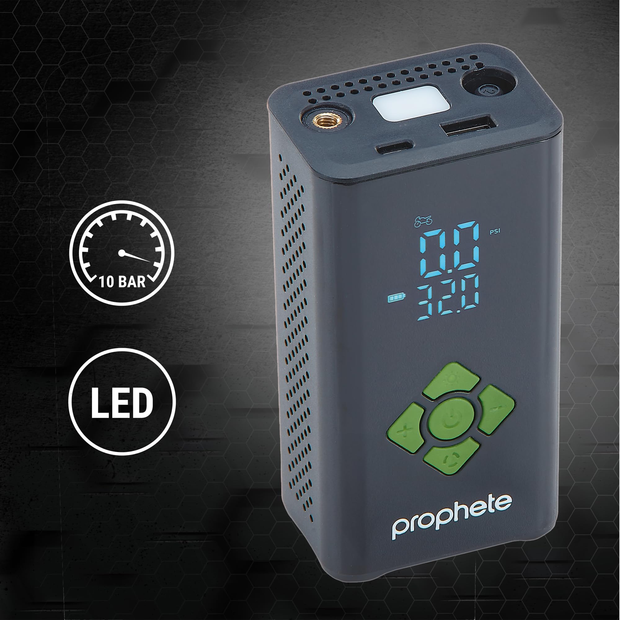 Prophete Elektrische Akkupumpe – kompakte Luftpumpe für Fahrradreifen, Bälle & Luftmatratzen – 4000 mAh Akku, 8,3 bar Maximaldruck, LED-Licht & Powerbank-Funktion, inkl. Adapter & USB-C Ladekabel