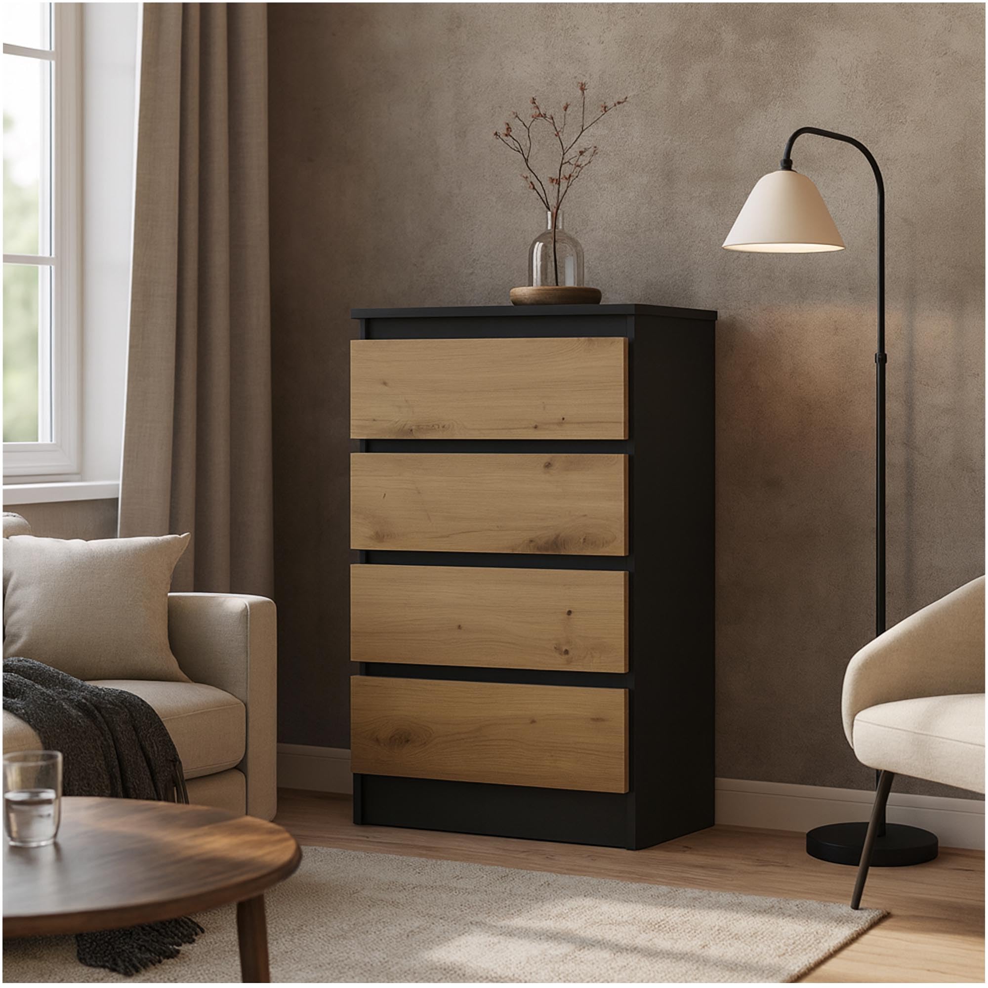 CDF Commode 4 Tiroirs Commode Chambre Anthracite Chêne Artisan Meuble Armoire de Rangement Spacieux pour Salon Bureau Spacieuse et Design Moderne Facile à Installer 40x70x97 cm Meuble à Vêtements