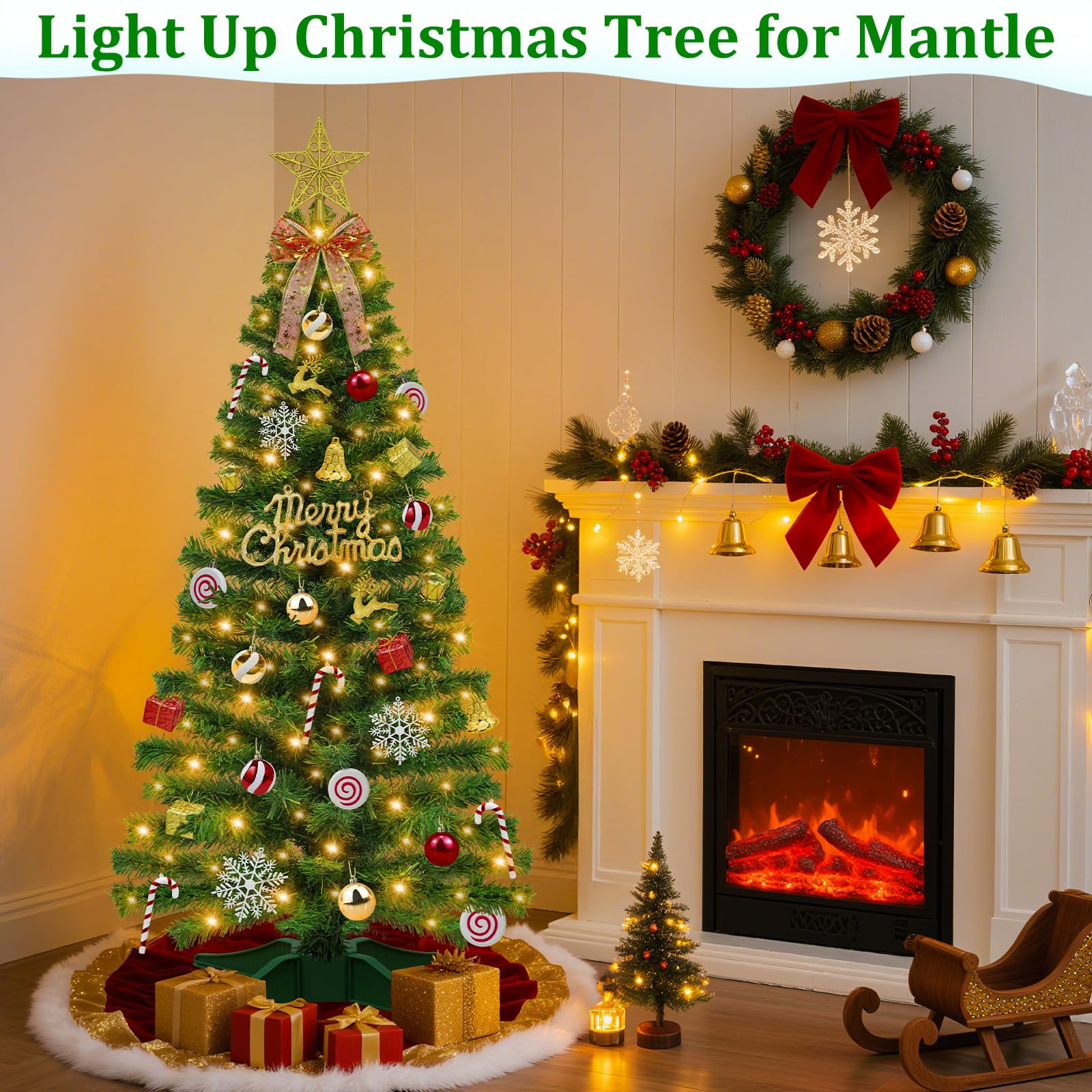 [71 ornements] Sapin de Noël artificiel de 1,2 m avec 100 étoiles blanches chaudes en 3D avec panneau « Merry Christmas » en forme de boule, nœud, cerf, flocon de neige, boîte cadeau, minuteur, arbre