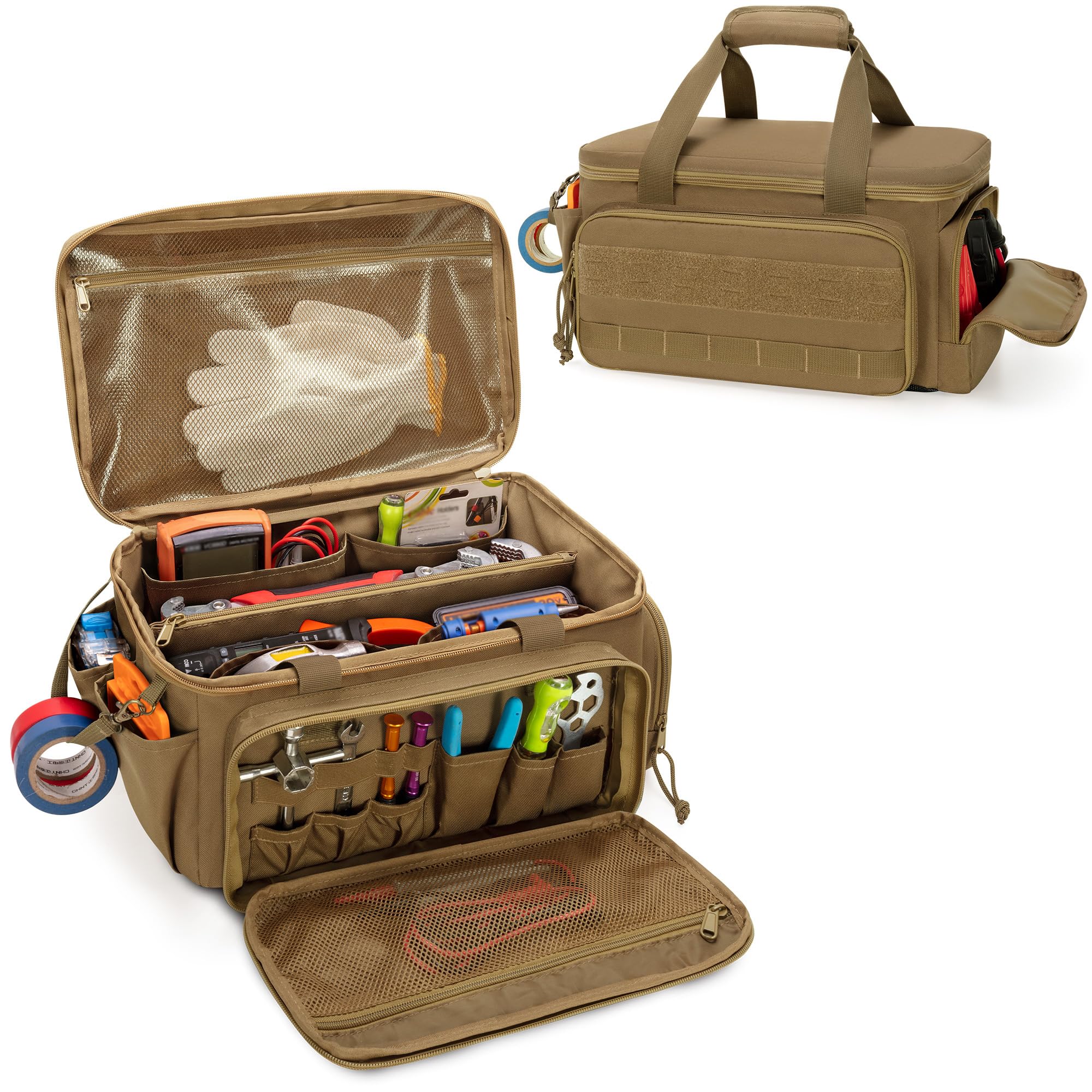 14-Inch Tool Bag with Anti-friction Bottom, Hand Tool Storage Organizer for Men, Tactical Range Bag, Multi-purpose Work Tote for Repairman, Carpenters, Handyman, Khaki