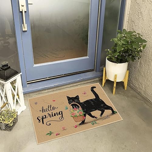 Miniatura 2 de Louise Maelys Tapete de puerta de gato negro de Navidad, antideslizante, con patrón floral para patio, cocina, interior y exterior, entrada, 17 x 29