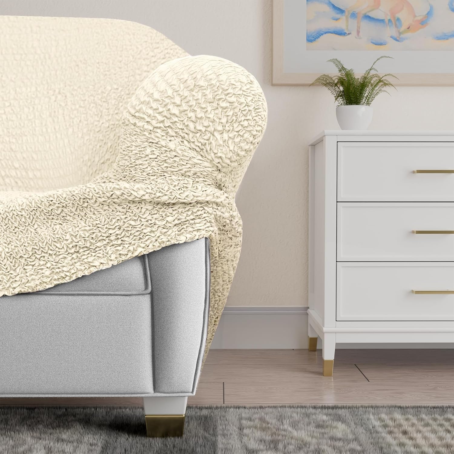 PAULATO BY GA.I.CO. Chaise Lounge Cover – Soft Form-Fit Slipcover – Stretch 1-Piece Protector for Lounge Chair – Mille Righe Fabric – Cream (with Armrest 32"-48" Wide)