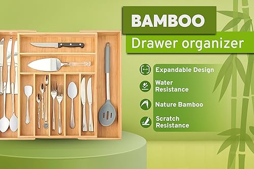 Miniatura 5 de Nature Gear Organizador de cajones de cocina de bambú, bandeja de utensilios de madera expandible, organizador de cubiertos ajustable con 9