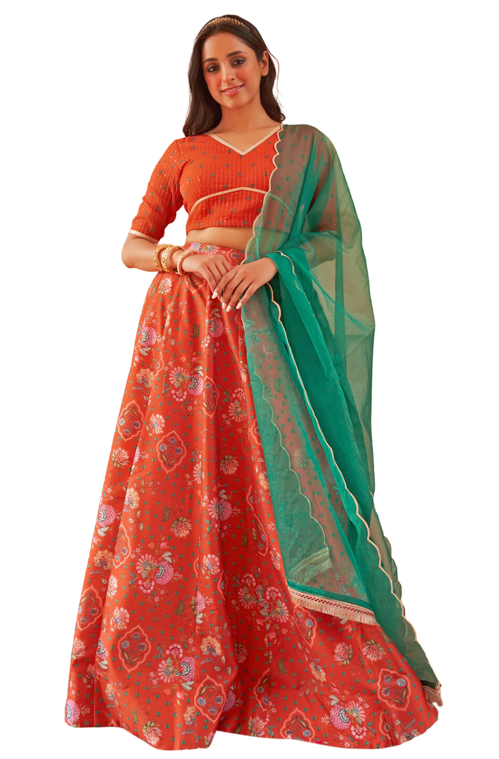 janasya Women's Orange Crepe Silk Digital Floral Printed Lehenga Choli With Dupatta-picture-47
