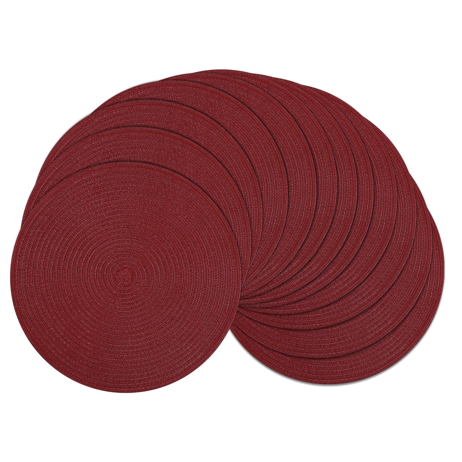 SHACOS Round Placemats Set of 12 for Dining Table 15 inch Round Braided Place Mats Cotton Polyester Washable Non Slip Kitchen Table Mats, Burgundy