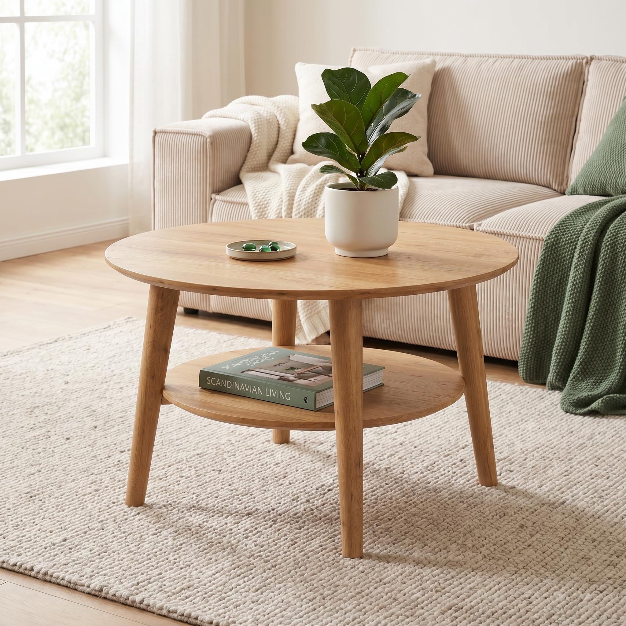 skølm Mjölnir Couchtisch rund Ø70 cm – Wohnzimmertisch aus Eiche Massivholz – Sofatisch mit 2 Ablagen – kleiner Beistelltisch Natur geölt – Holztisch Wohnzimmer mit Stauraum – Coffee Table