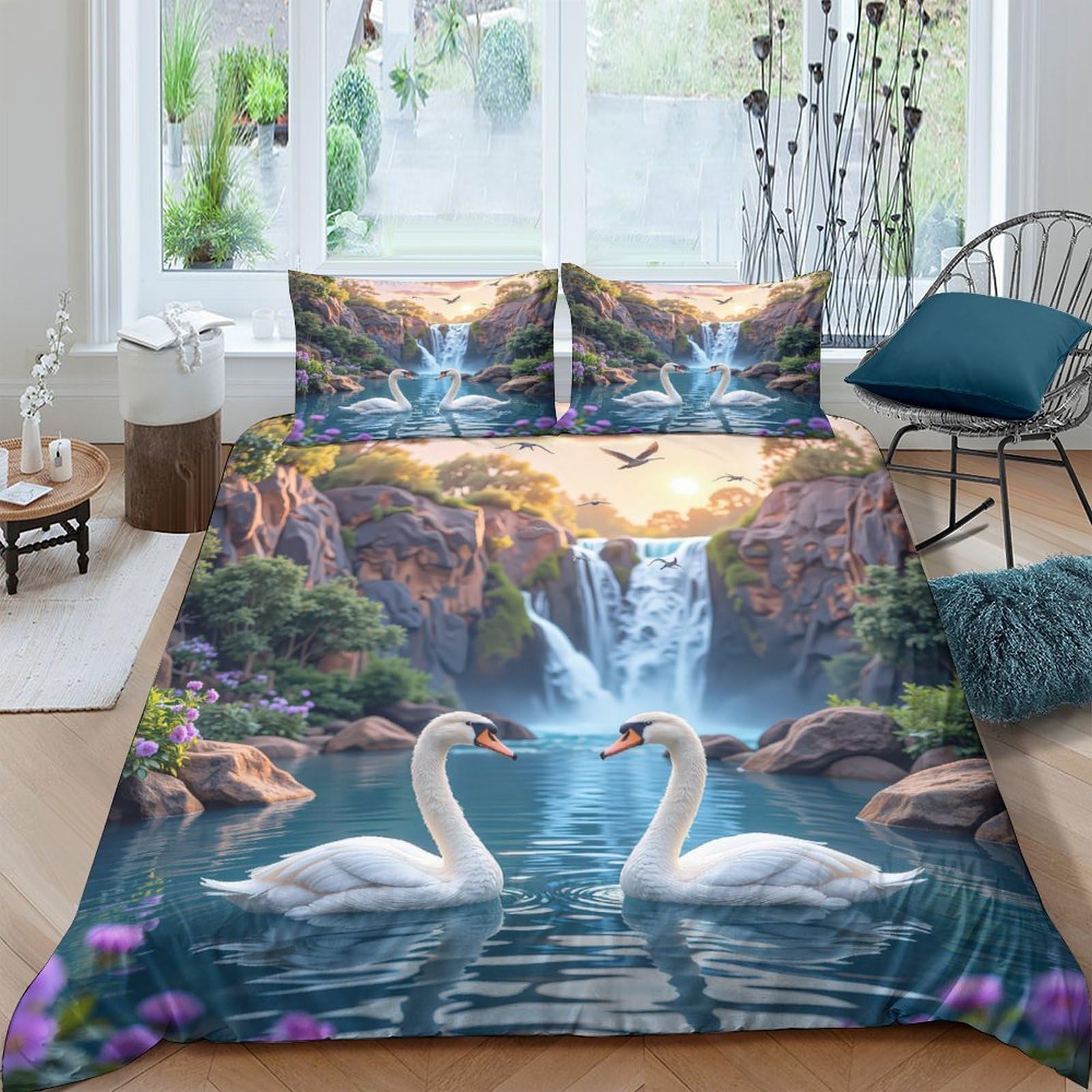 Ctjqhvkz Style-4 3D Printed Swan Lake Fitted Sheet Microfiber Soft Scenic Waterfall Mattress Cover Bedroom Decor Protection Single（135X200cm）