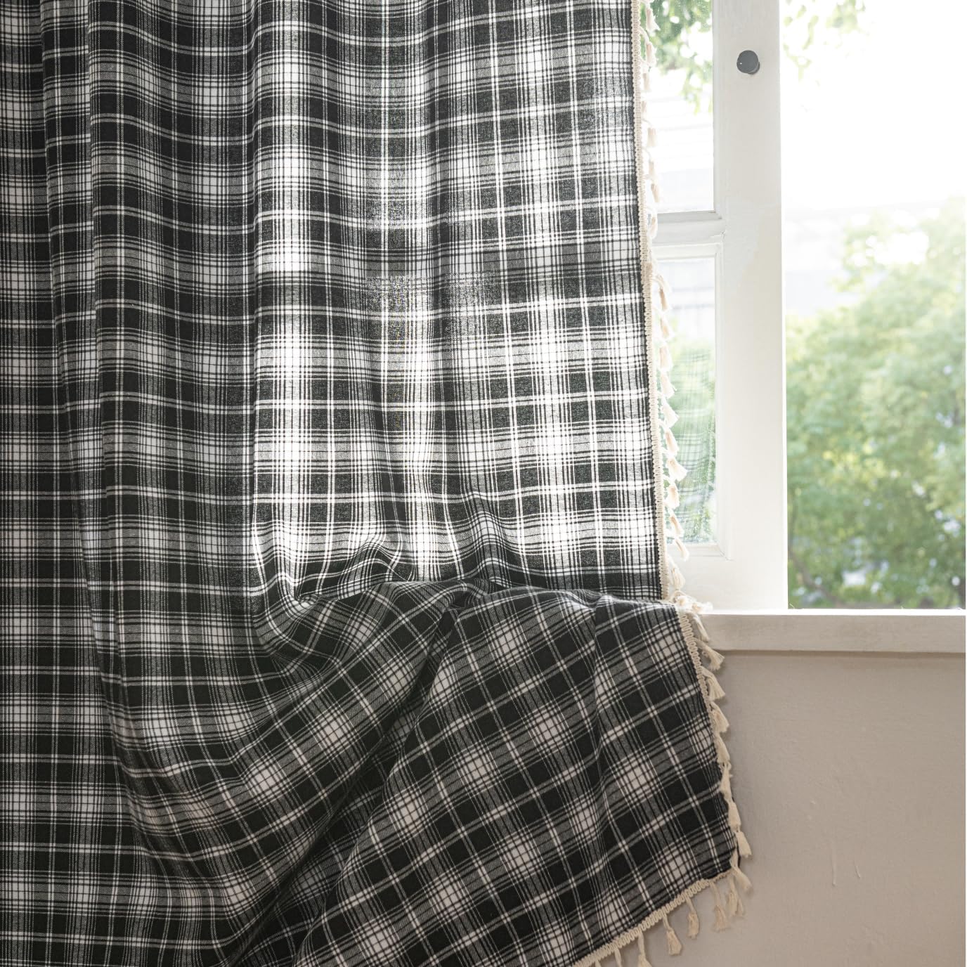 Plaid Curtains 54 Inch Length 2 Panels, Farmhouse Window Curtains Light Filtering with Tassel Trim, Rustic Tartan Drapes for Living Room Bedroom, White