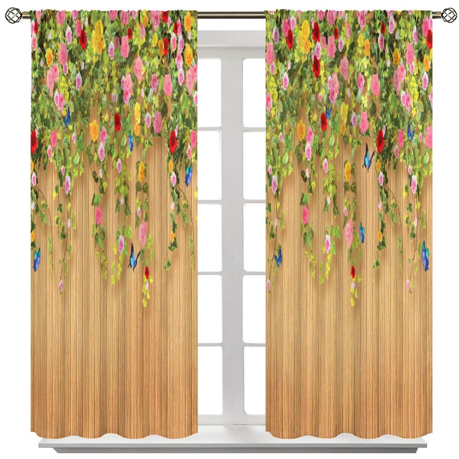 Rose Curtains, Colorful Rose Flower Butterfly Wooden Planks Farmhouse Garden Print Blackout Window Treatments, Rod Pocket Thermal Insulated Drapes 2 Panel Sets for Bedroom Living Room, 72