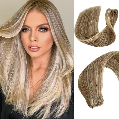Miniatura 1 de Extensiones de cabello humano real con reflejos rubios, extensiones de cabello humano Remy, color castaño ceniza, mezcla de rubio platino, atadas a