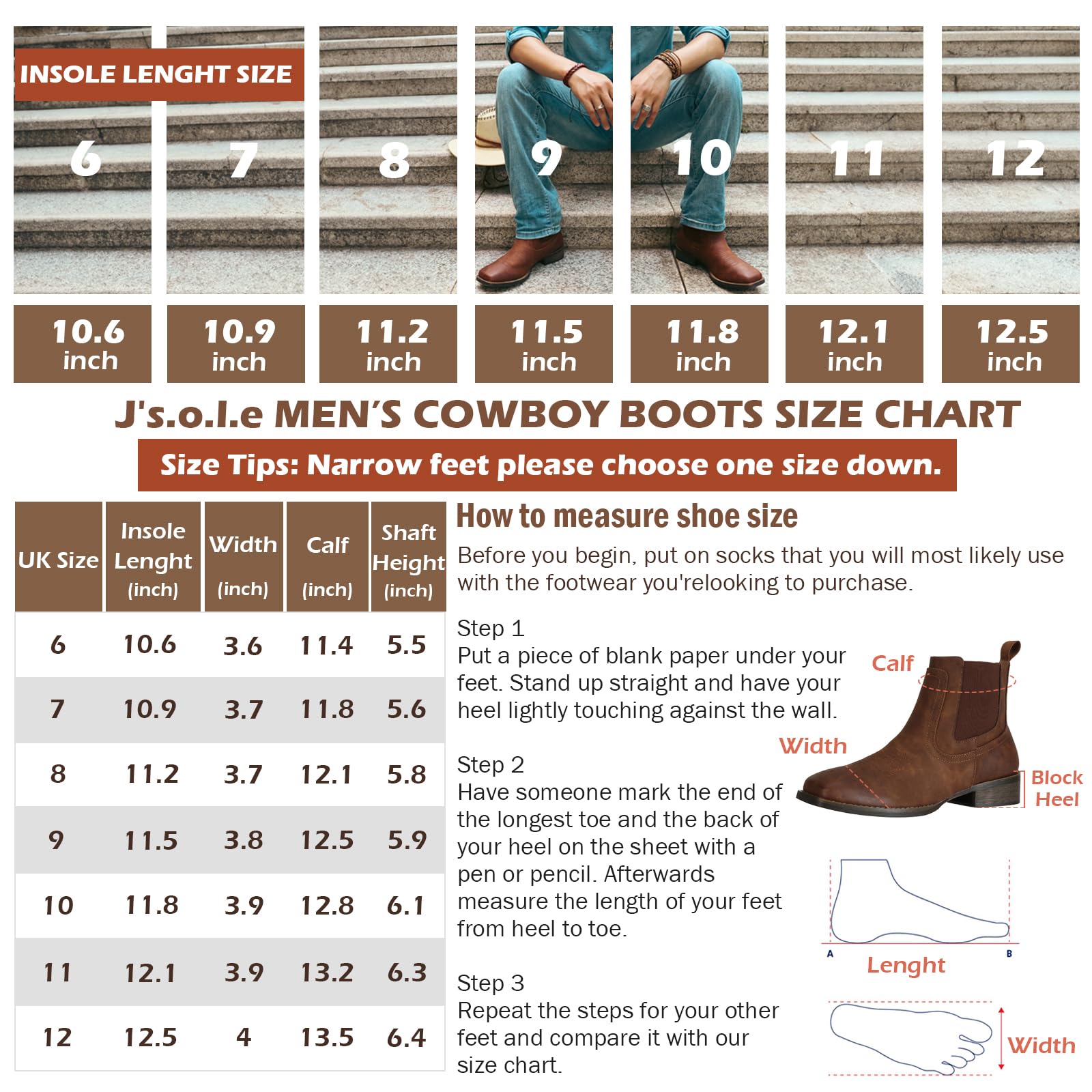 J's.o.l.e Men's Ankle Short Cowboy Boots Square Toe Fashion Western Dress Boots