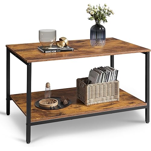 WLIVE Small Coffee Table for Living Room, 31.3" Modern Industrial Coffee Table with Storage Shelf & Metal Frame, 2-Tier Wood Center Table for Small Spaces Apartment, Home, Charcoal Black
